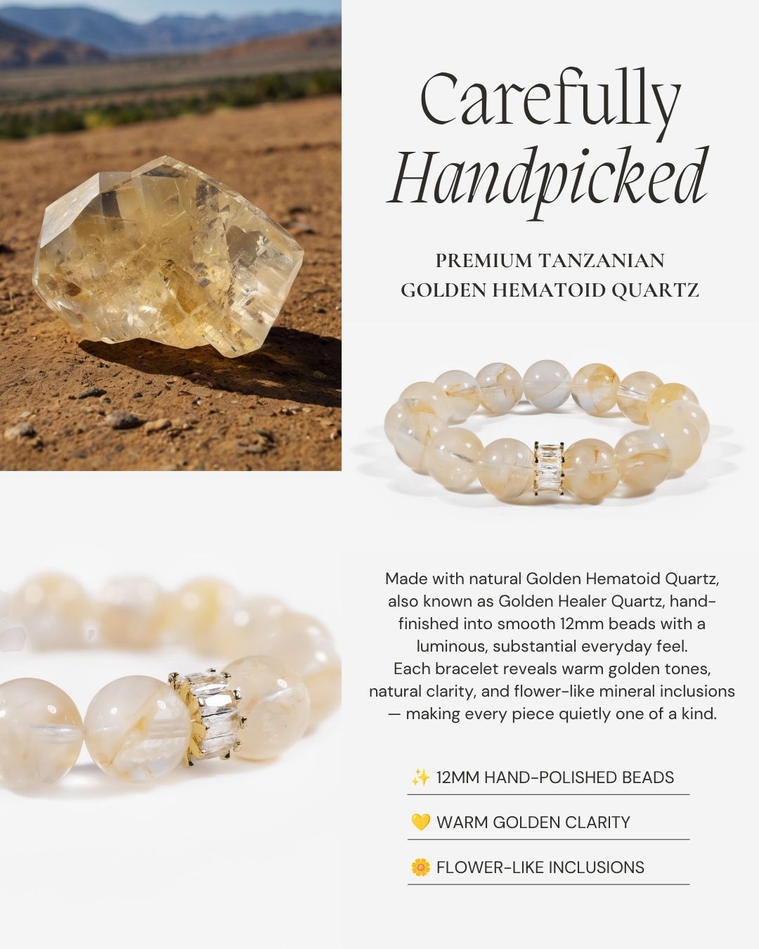 Golden Hematoid Quartz Bracelet made with natural Golden Hematoid Quartz, also known as Golden Healer Quartz, 12mm polished beads, warm golden tones, natural clarity, and flower-like mineral inclusions.