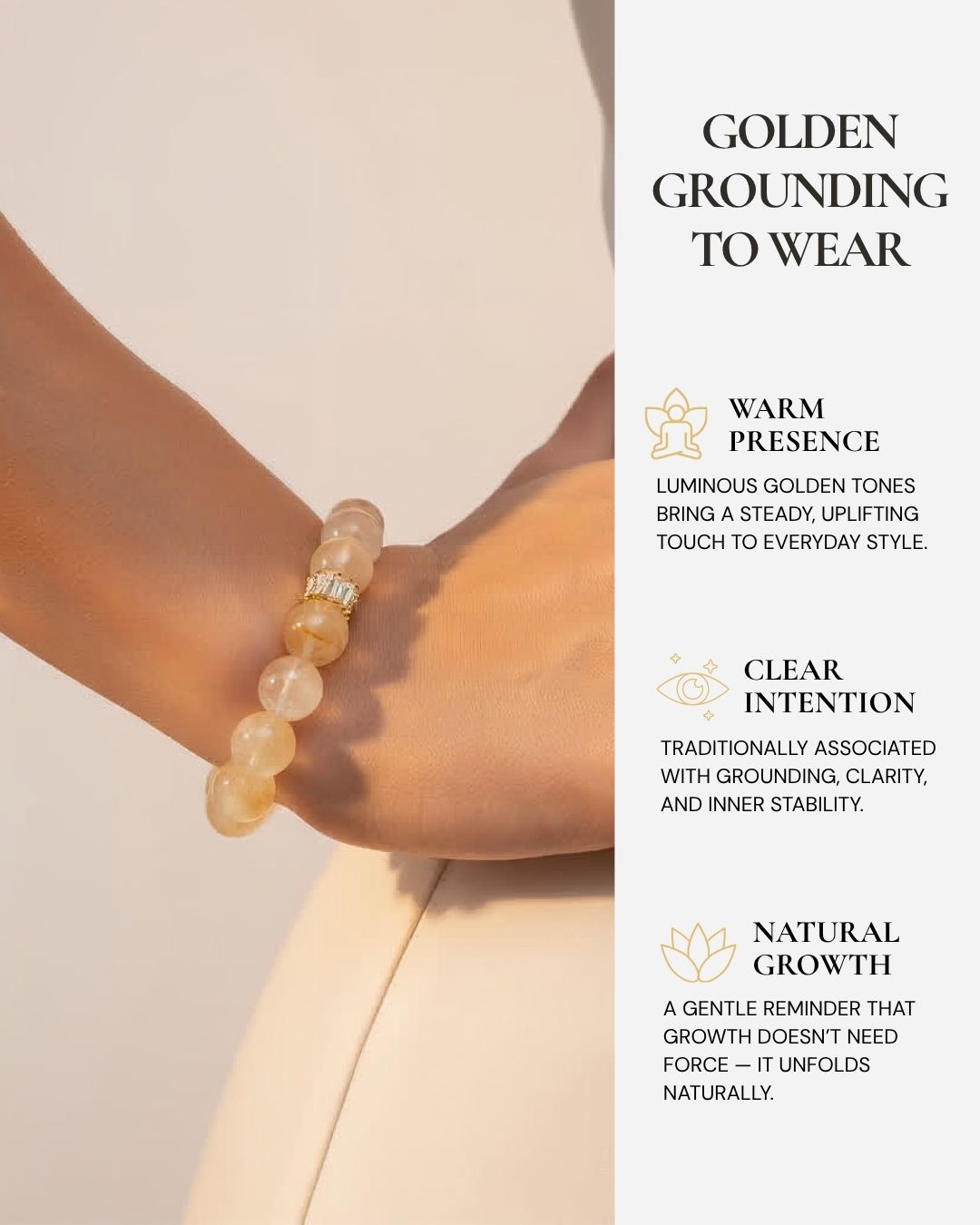 Golden Hematoid Quartz Bracelet worn on the wrist, featuring warm golden Hematoid Quartz beads, natural flower-like inclusions, and a reminder of grounding, clarity, inner stability, and natural growth.