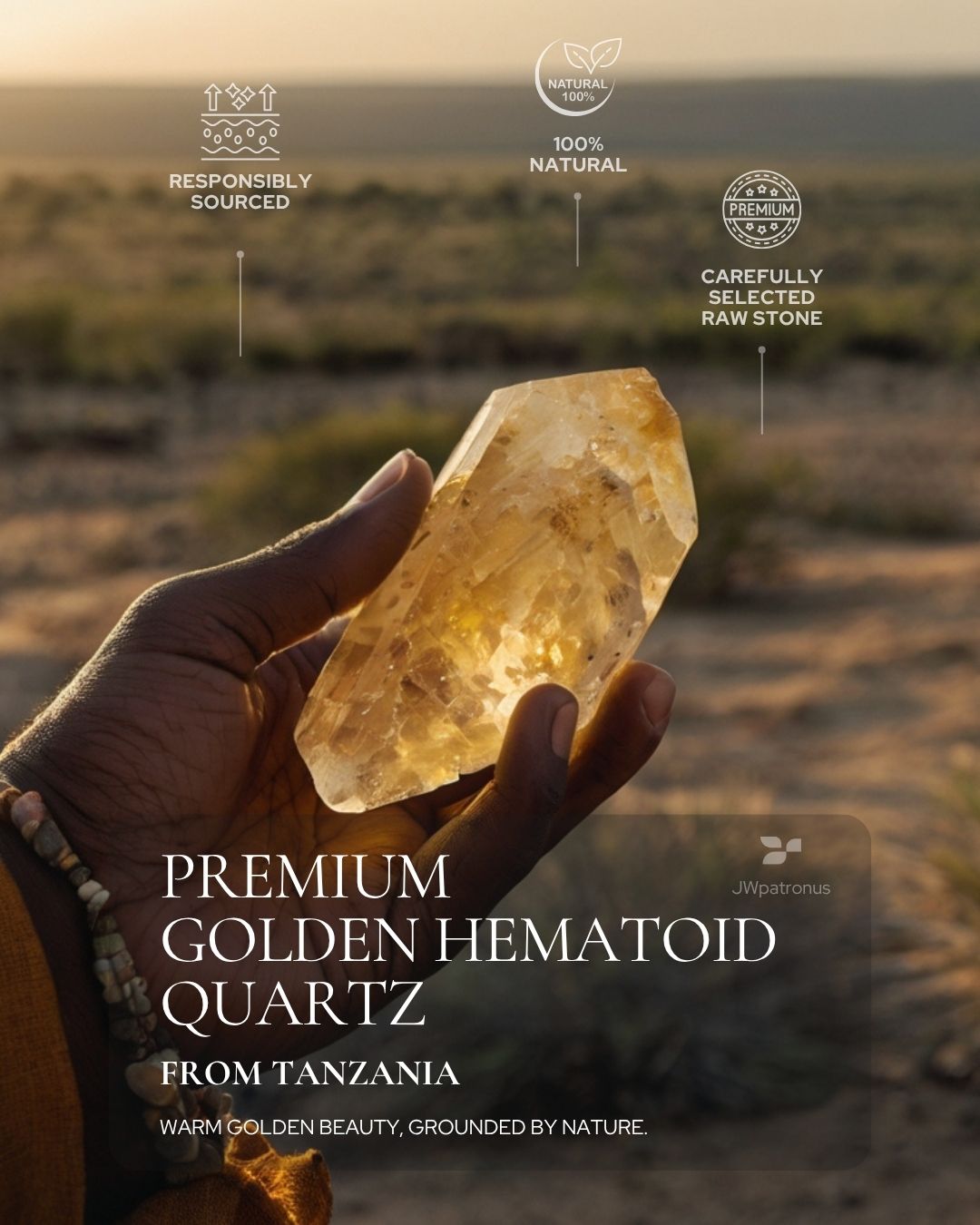 Natural Golden Hematoid Quartz raw stone from Tanzania showing warm golden tones, natural clarity, flower-like mineral inclusions, and carefully selected gemstone quality for Golden Hematoid Quartz Bracelet.