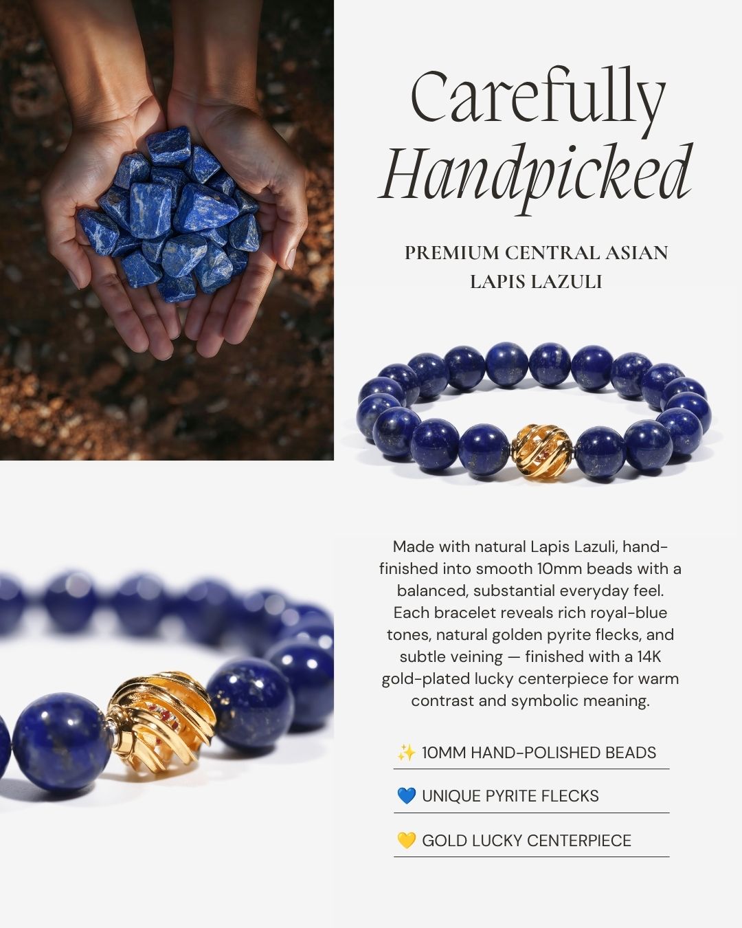 Golden Lucky Lapis Bracelet made with natural Lapis Lazuli, 10mm hand-polished beads, rich royal-blue tones, natural golden pyrite flecks, and a 14K gold-plated lucky centerpiece.