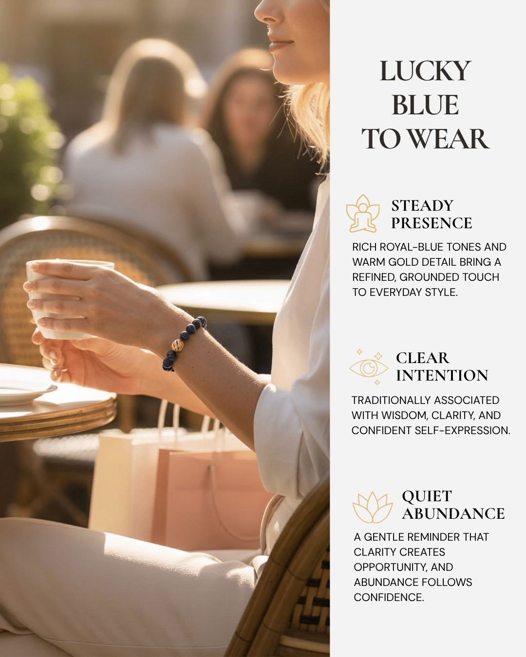 Golden Lucky Lapis Bracelet worn on the wrist, featuring rich royal-blue Lapis Lazuli beads, natural golden pyrite flecks, warm gold lucky centerpiece, and a reminder of wisdom, clarity, confidence, and quiet abundance.