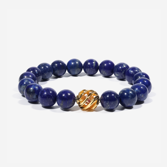 Golden Lucky Lapis Bracelet with natural 10mm Lapis Lazuli beads and 14k gold-plated accent — handcrafted gemstone jewelry for wisdom and prosperity by JWPatronus.