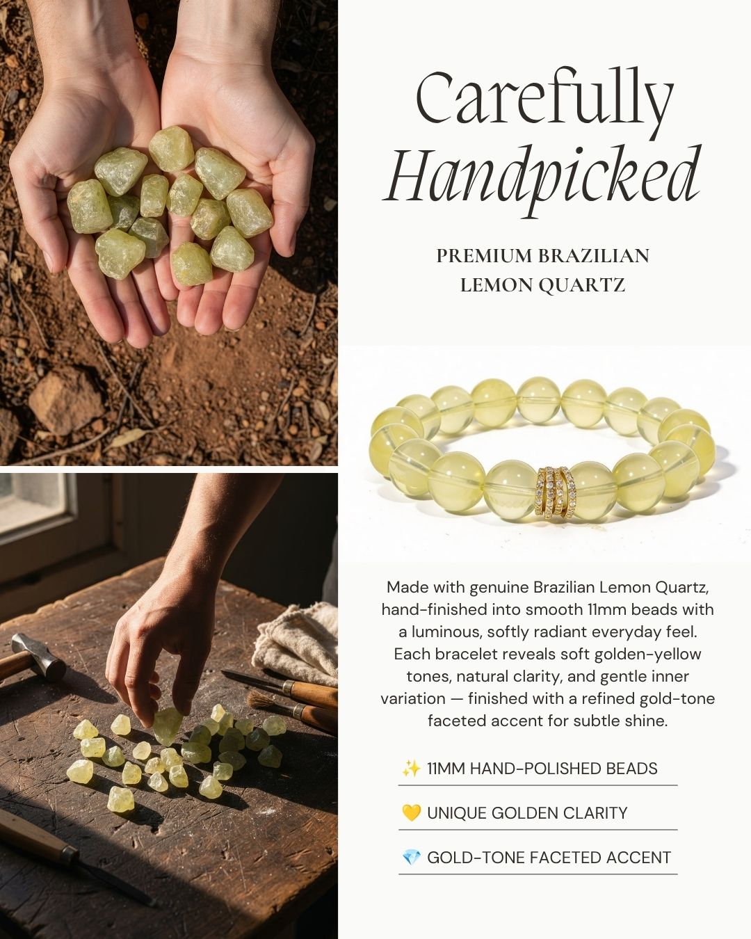 Golden Radiance Lemon Quartz Bracelet made with genuine Brazilian Lemon Quartz, 11mm hand-polished beads, soft golden-yellow tones, natural clarity, and a refined gold-tone faceted accent.
