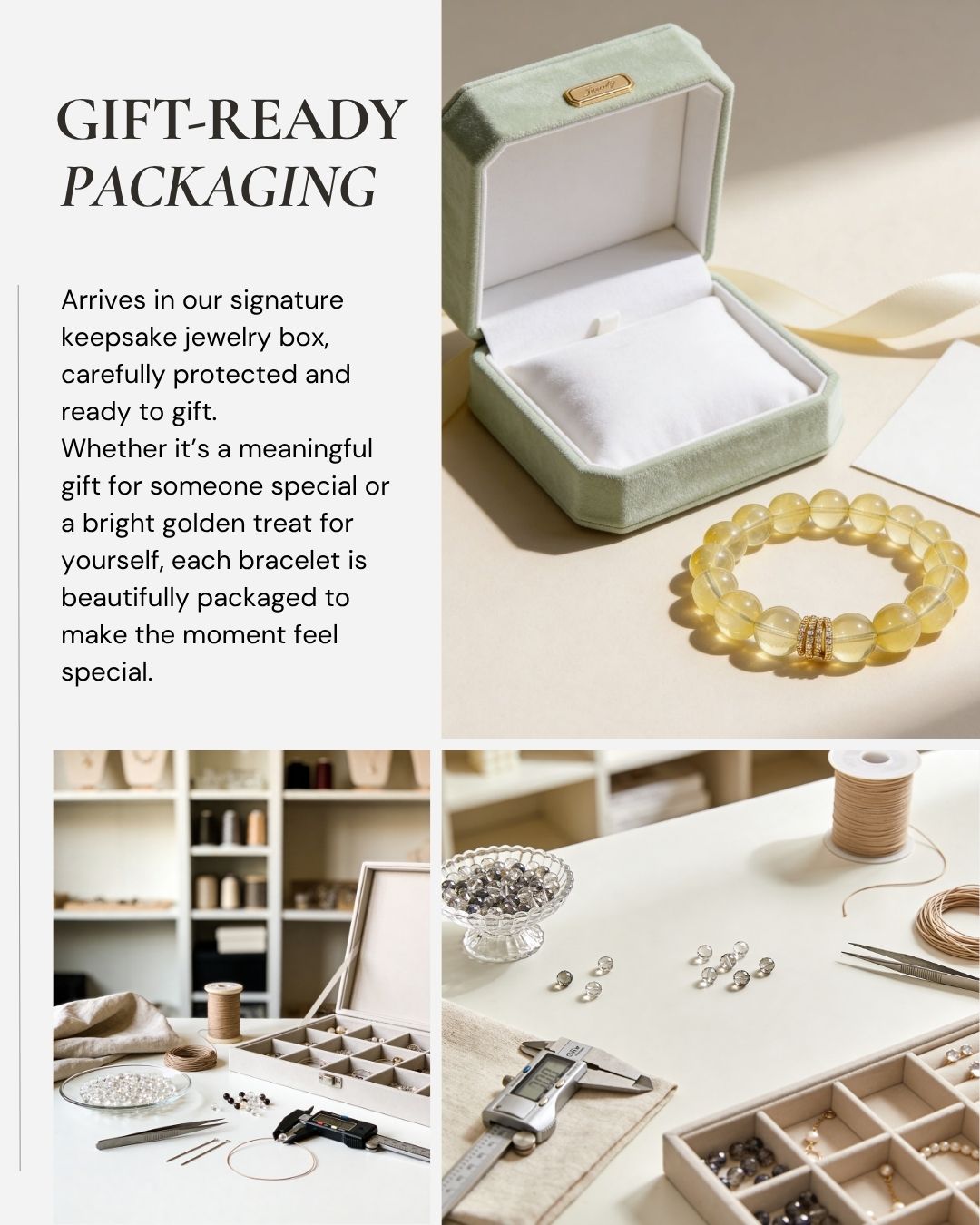 Golden Radiance Lemon Quartz Bracelet displayed with JWPatronus keepsake gift packaging for meaningful gifts, self-gifting, everyday wear, and bright golden moments.