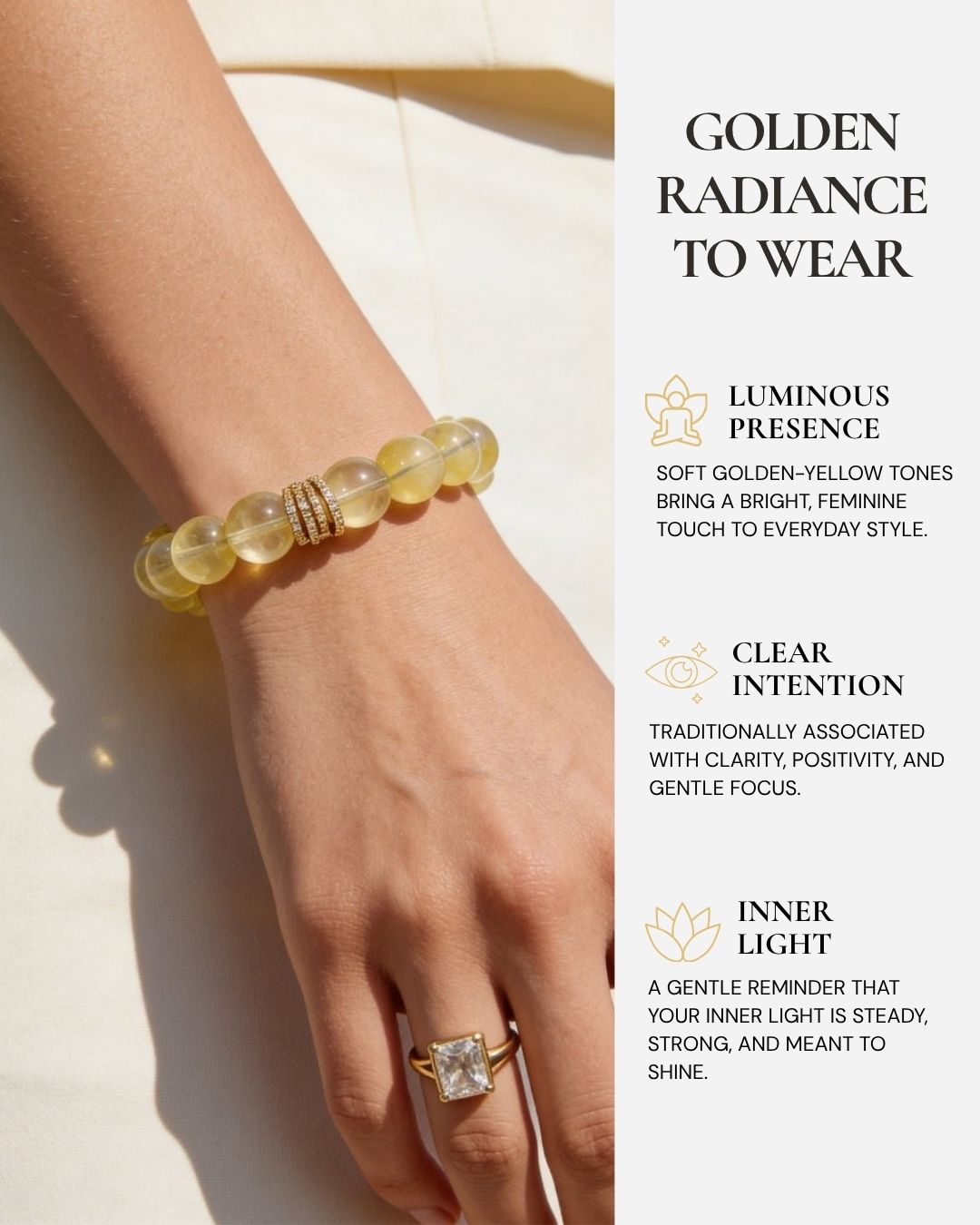 Golden Radiance Lemon Quartz Bracelet worn on the wrist, featuring soft lemon-golden Lemon Quartz beads, natural clarity, a refined faceted accent, and a reminder of clarity, positivity, gentle focus, and inner light.
