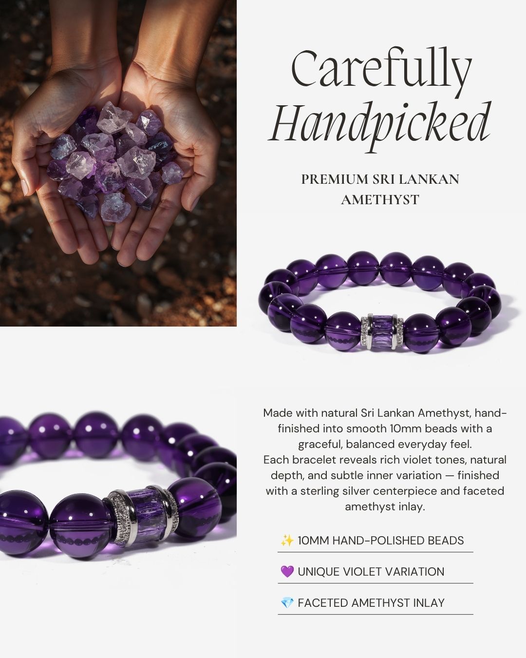 Graceful Amethyst Poise Bracelet made with natural Sri Lankan amethyst, 10mm hand-polished beads, a sterling silver centerpiece, and faceted amethyst inlay.