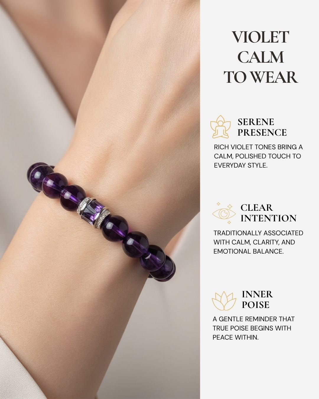 Graceful Amethyst Poise Bracelet worn on the wrist, featuring rich violet amethyst beads and a reminder of calm, clarity, emotional balance, and quiet confidence.
