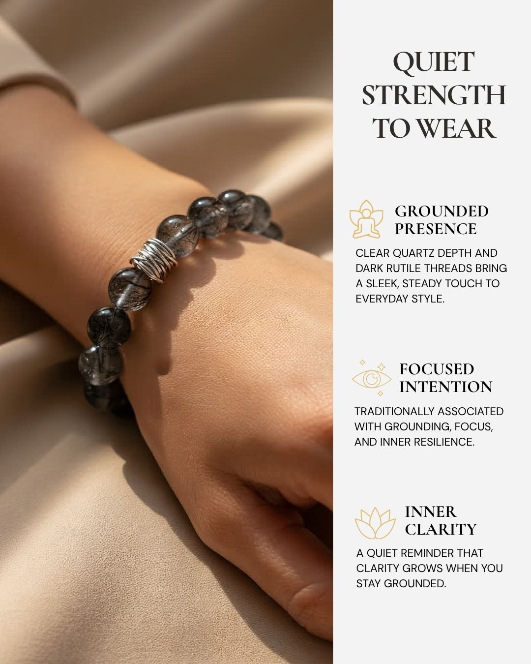 Guardian Black Rutile Quartz Bracelet worn on the wrist, featuring clear quartz depth, dark rutile threads, and a reminder of grounding, focus, and inner resilience.
