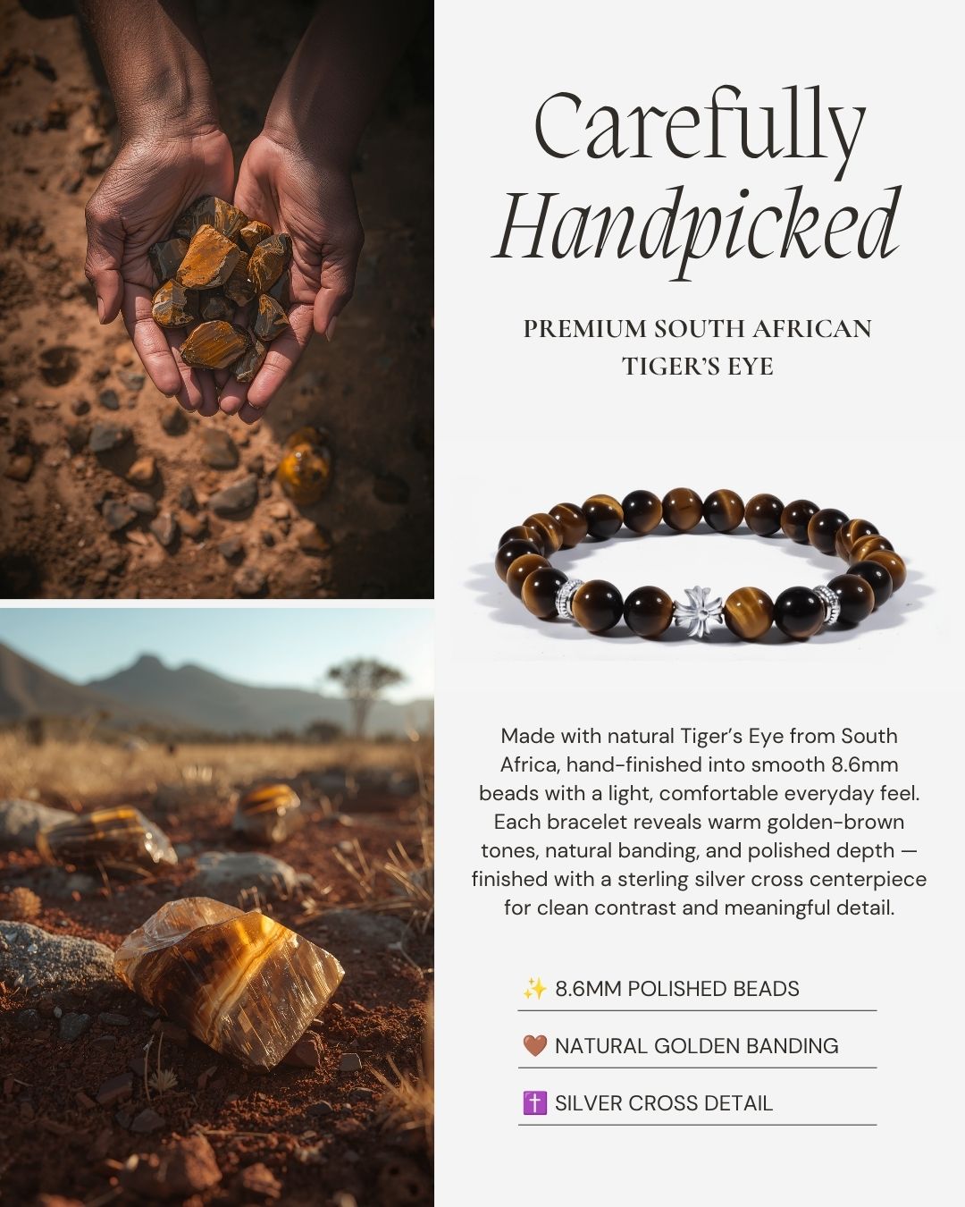 Guardian Tiger’s Eye Cross Bracelet made with natural South African Tiger’s Eye, 8.6mm polished beads, warm golden-brown tones, natural banding, and a sterling silver cross centerpiece.
