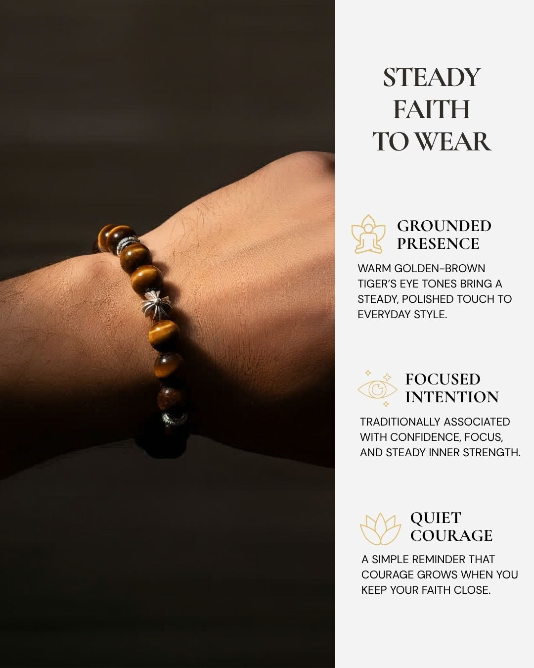 Guardian Tiger’s Eye Cross Bracelet worn on the wrist, featuring golden-brown Tiger’s Eye beads, a sterling silver cross centerpiece, and a reminder of confidence, focus, steady inner strength, and quiet courage.