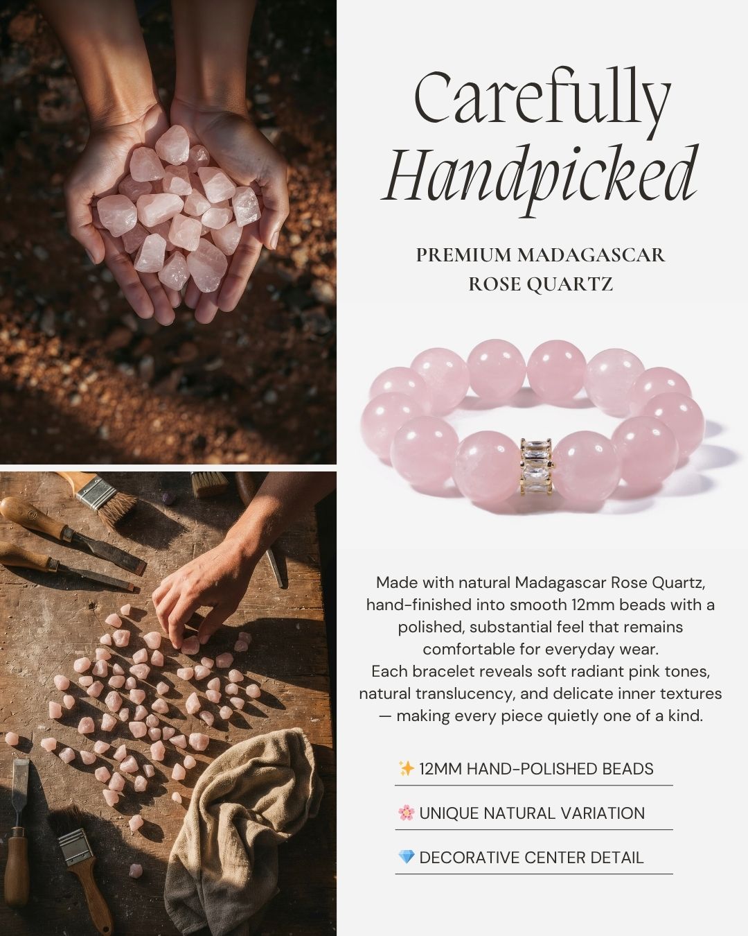 Harmony Rose Quartz Bracelet made with natural Madagascar rose quartz, 12mm hand-polished beads, and a refined decorative center detail.