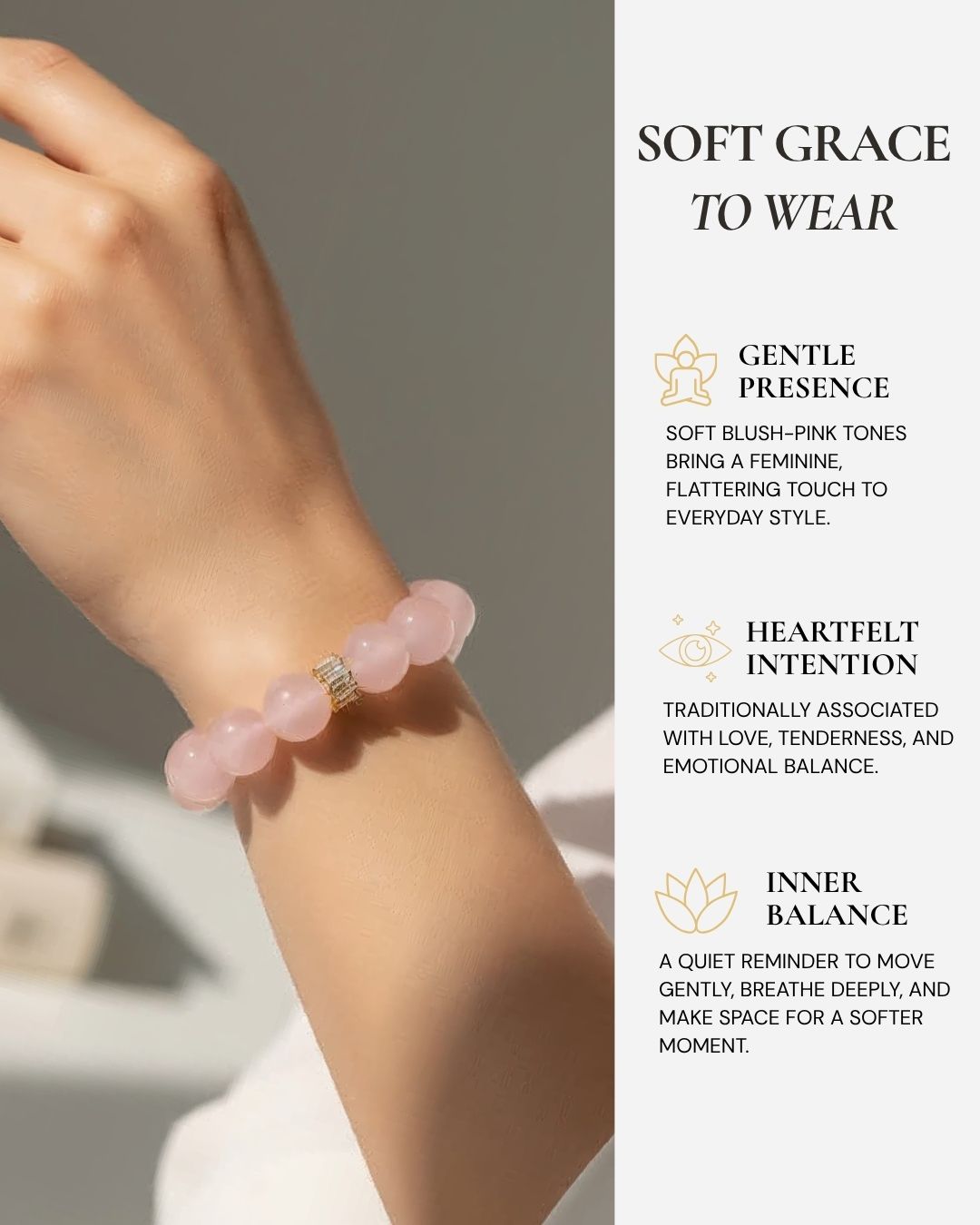Harmony Rose Quartz Bracelet worn on the wrist, featuring soft blush-pink rose quartz beads, feminine everyday style, and a reminder of love, peace, and inner balance.