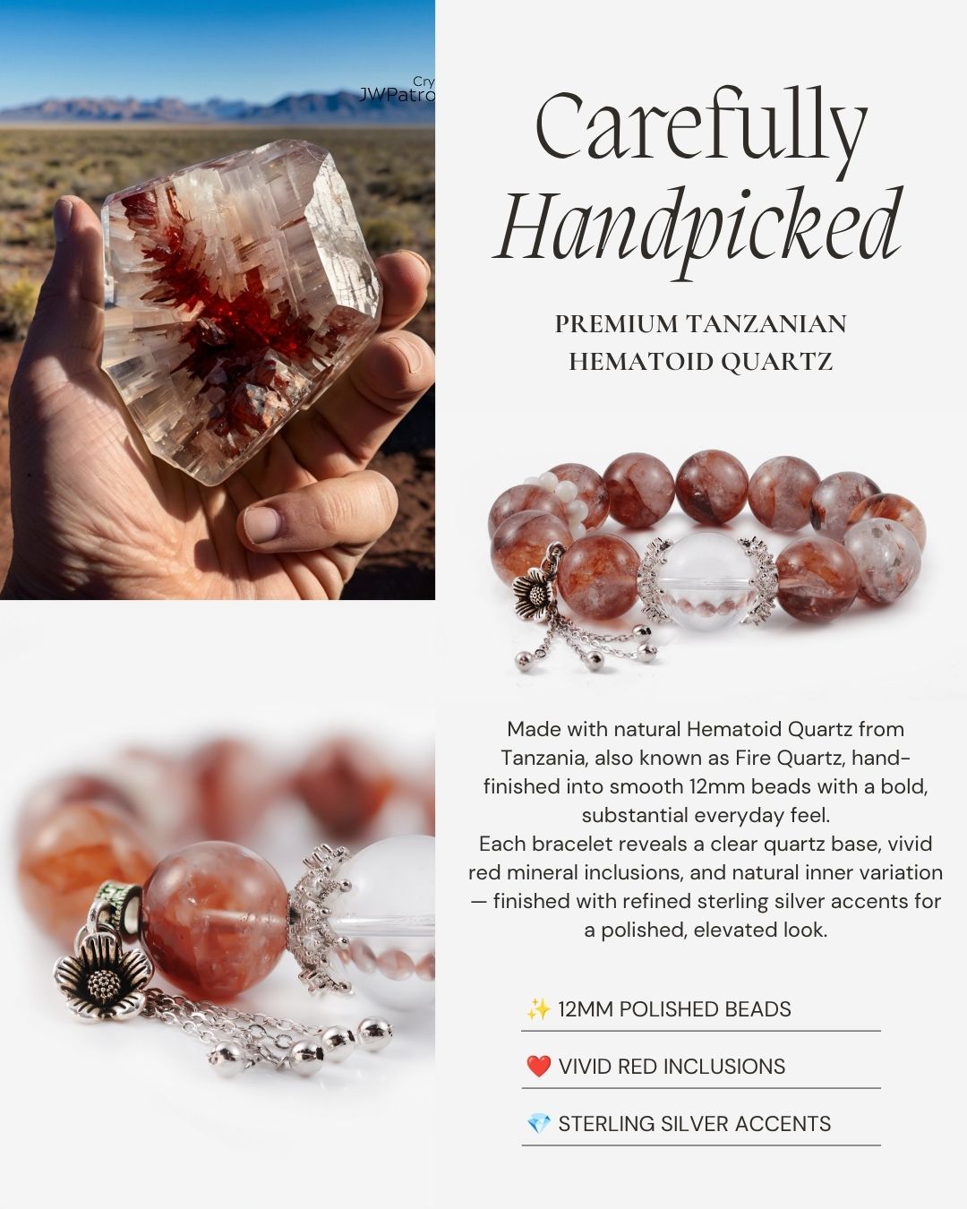 Hematoid Quartz Serenity Bracelet made with natural Hematoid Quartz from Tanzania, also known as Fire Quartz, 12mm polished beads, vivid red inclusions, and refined sterling silver accents.