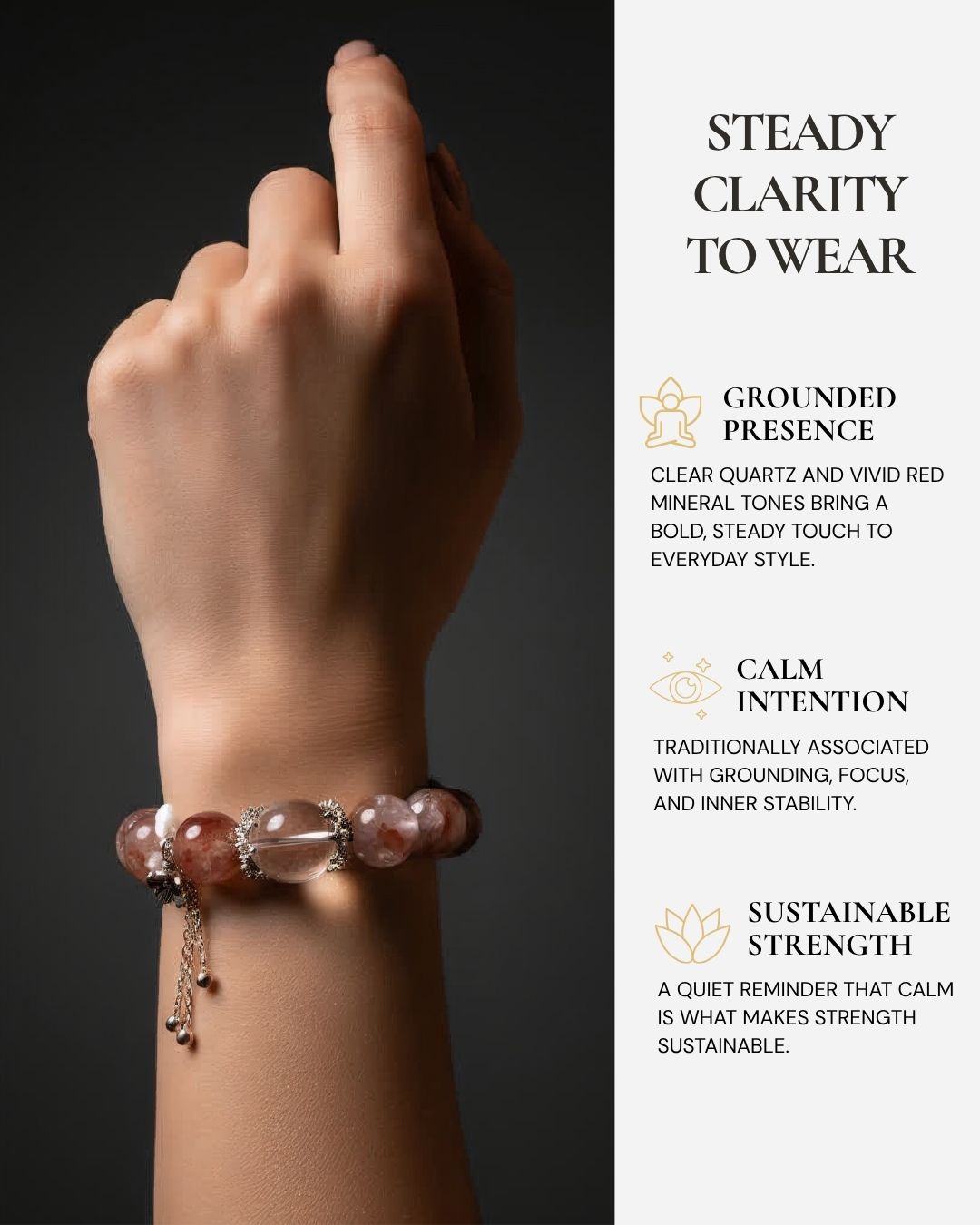 Hematoid Quartz Serenity Bracelet worn on the wrist, featuring clear quartz with vivid red Hematoid inclusions, sterling silver accents, and a reminder of grounding, focus, inner stability, and sustainable strength.