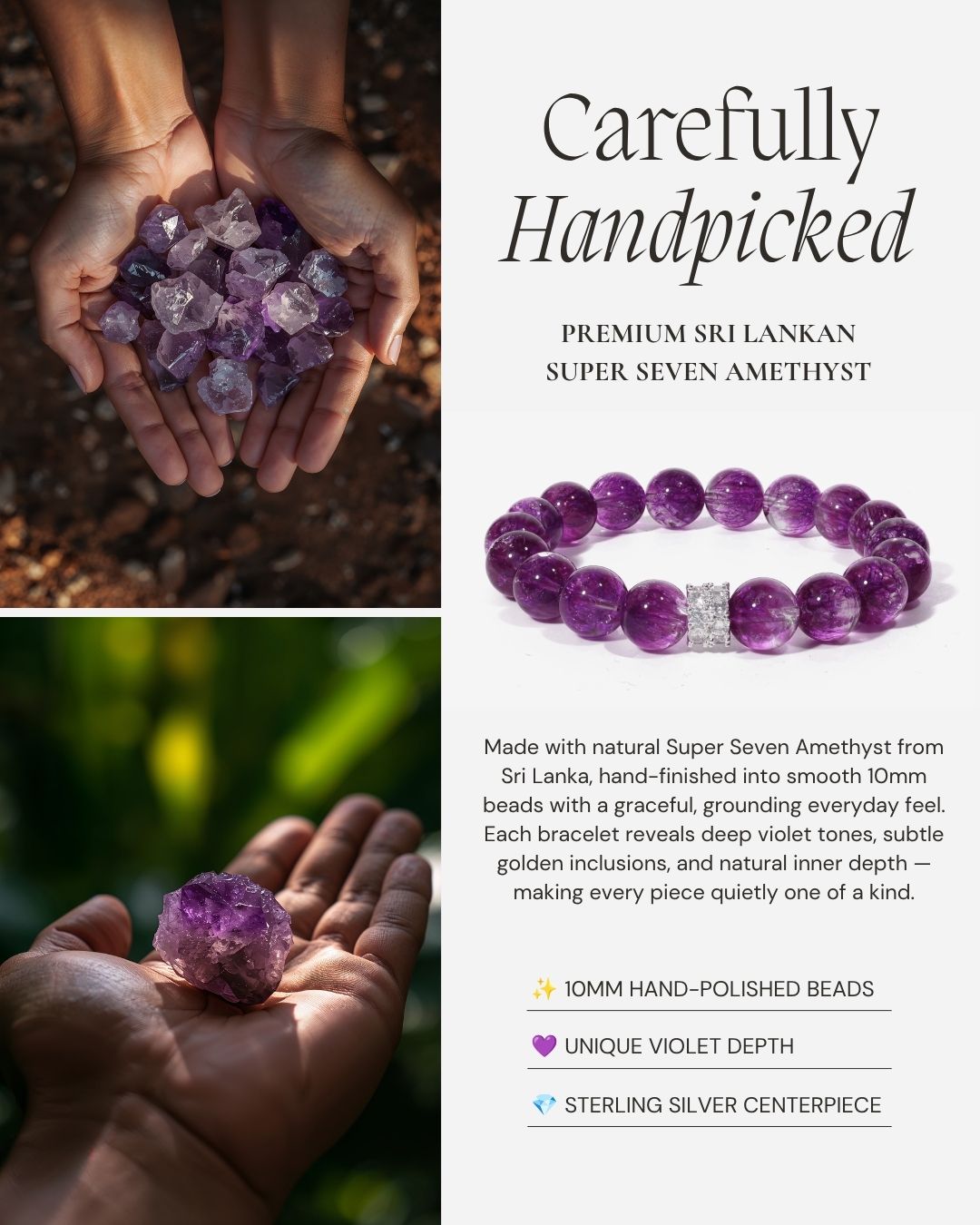 Inner Grace Amethyst Bracelet made with natural Sri Lankan Super Seven Amethyst, 10mm hand-polished beads, deep violet tones, subtle golden inclusions, and a sterling silver centerpiece with faceted crystal detail.