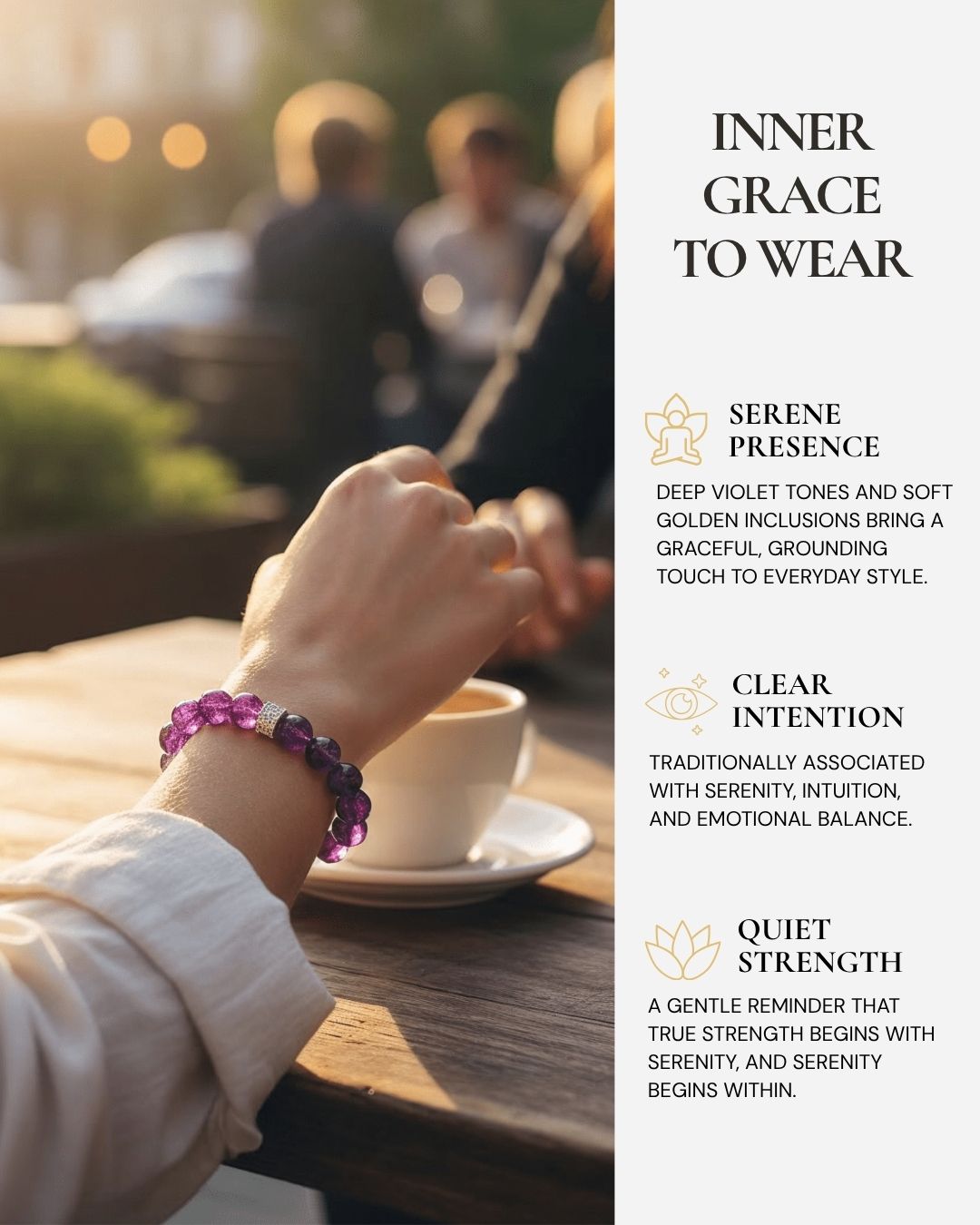 Inner Grace Amethyst Bracelet worn on the wrist, featuring deep violet Super Seven Amethyst beads, subtle golden inclusions, a sterling silver centerpiece, and a reminder of serenity, intuition, emotional balance, and quiet strength.