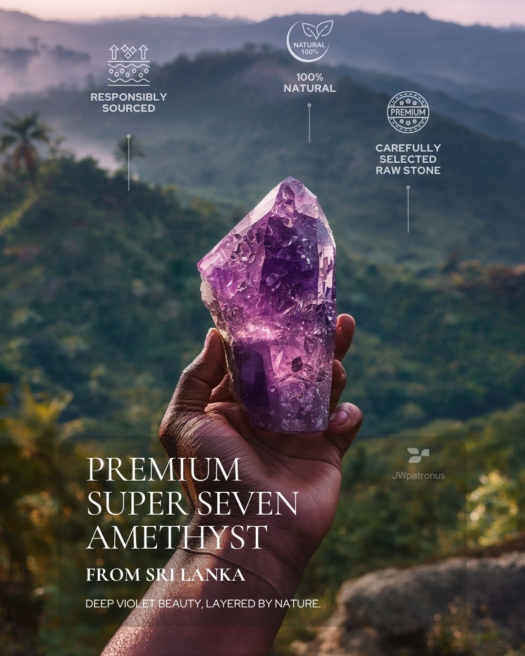 Natural Super Seven Amethyst raw stone from Sri Lanka showing deep violet tones, subtle golden inclusions, natural inner depth, and carefully selected gemstone quality for Inner Grace Amethyst Bracelet.
