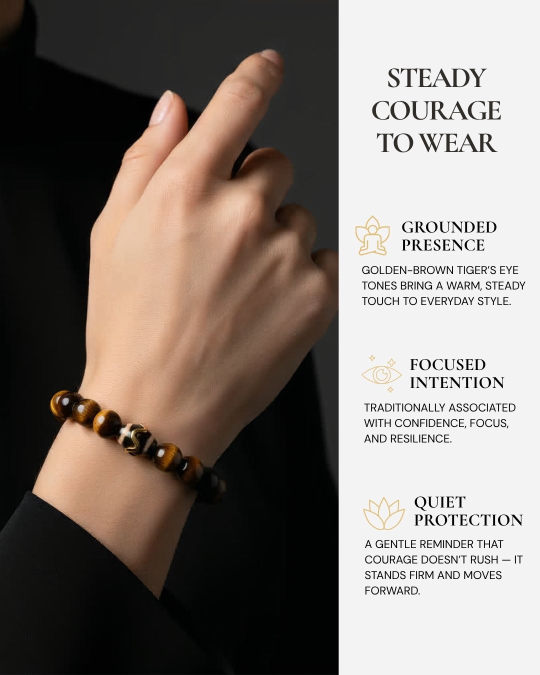 Kailash Tiger’s Eye Dzi Beaded Bracelet worn on the wrist, featuring golden-brown Tiger’s Eye beads, a Tibetan Dzi centerpiece, and a reminder of confidence, focus, resilience, and quiet protection.