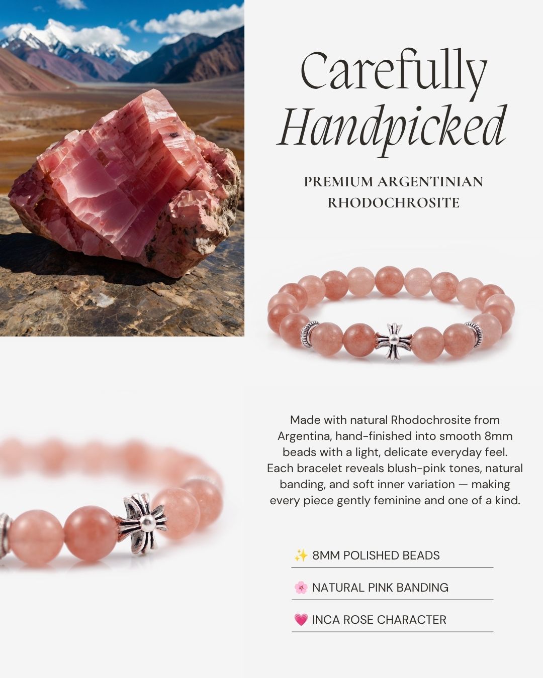 Lucky Blessing Rhodochrosite Bracelet made with natural Rhodochrosite from Argentina, 8mm polished beads, soft blush-pink tones, natural banding, and distinctive Inca Rose character.