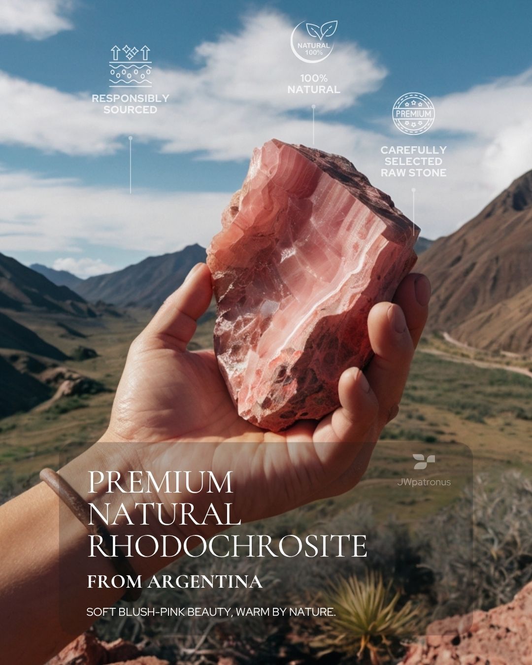 Natural Rhodochrosite raw stone from Argentina showing soft blush-pink tones, natural banding, and carefully selected gemstone quality for Lucky Blessing Rhodochrosite Bracelet.