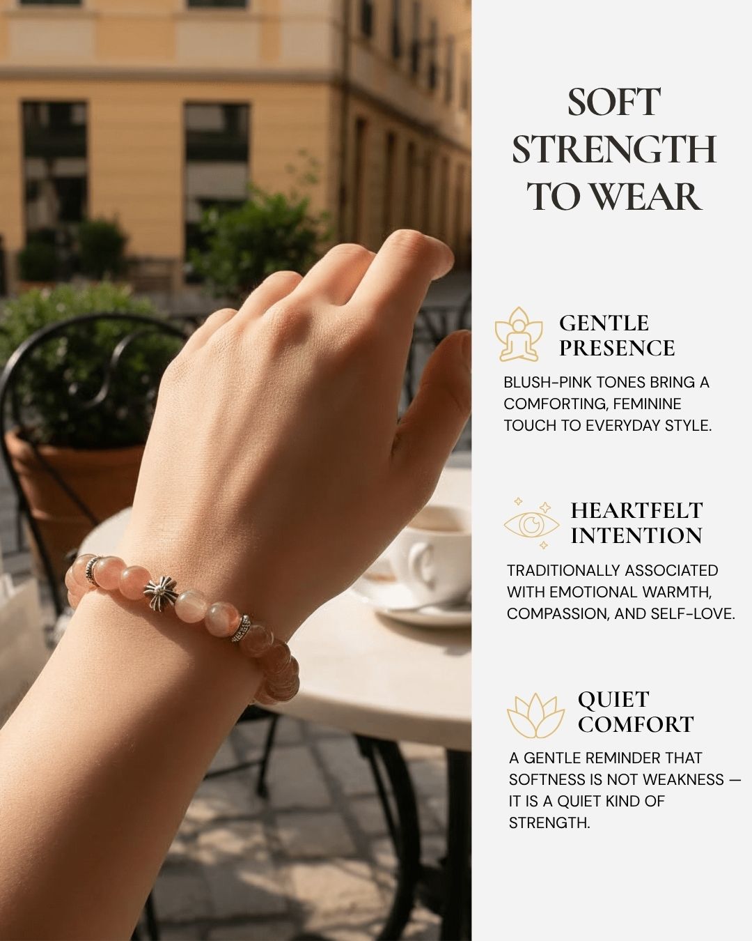 Lucky Blessing Rhodochrosite Bracelet worn on the wrist, featuring blush-pink Rhodochrosite beads, natural banding, and a reminder of emotional warmth, compassion, self-love, and soft strength.