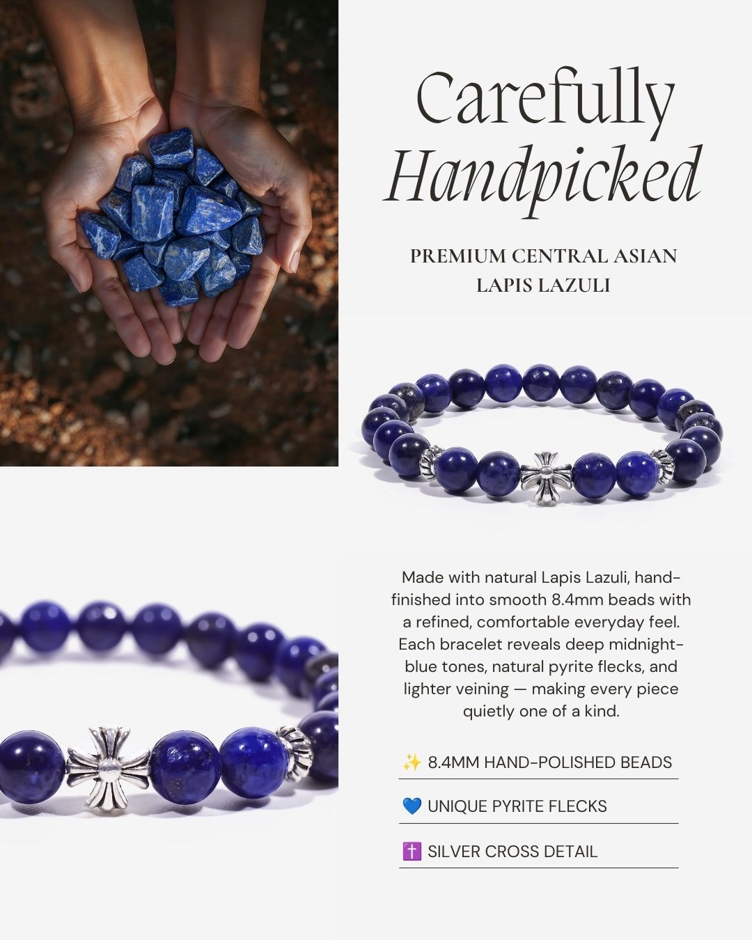 Lucky Clarity Lapis Cross Bracelet made with natural Central Asian Lapis Lazuli, 8.4mm hand-polished beads, natural pyrite flecks, and a sterling silver cross centerpiece.