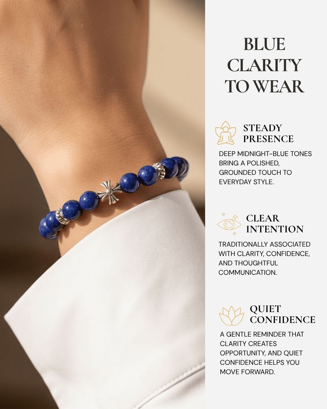 Lucky Clarity Lapis Cross Bracelet worn on the wrist, featuring deep blue Lapis Lazuli beads, natural pyrite flecks, a silver cross detail, and a reminder of clarity, confidence, and thoughtful communication.