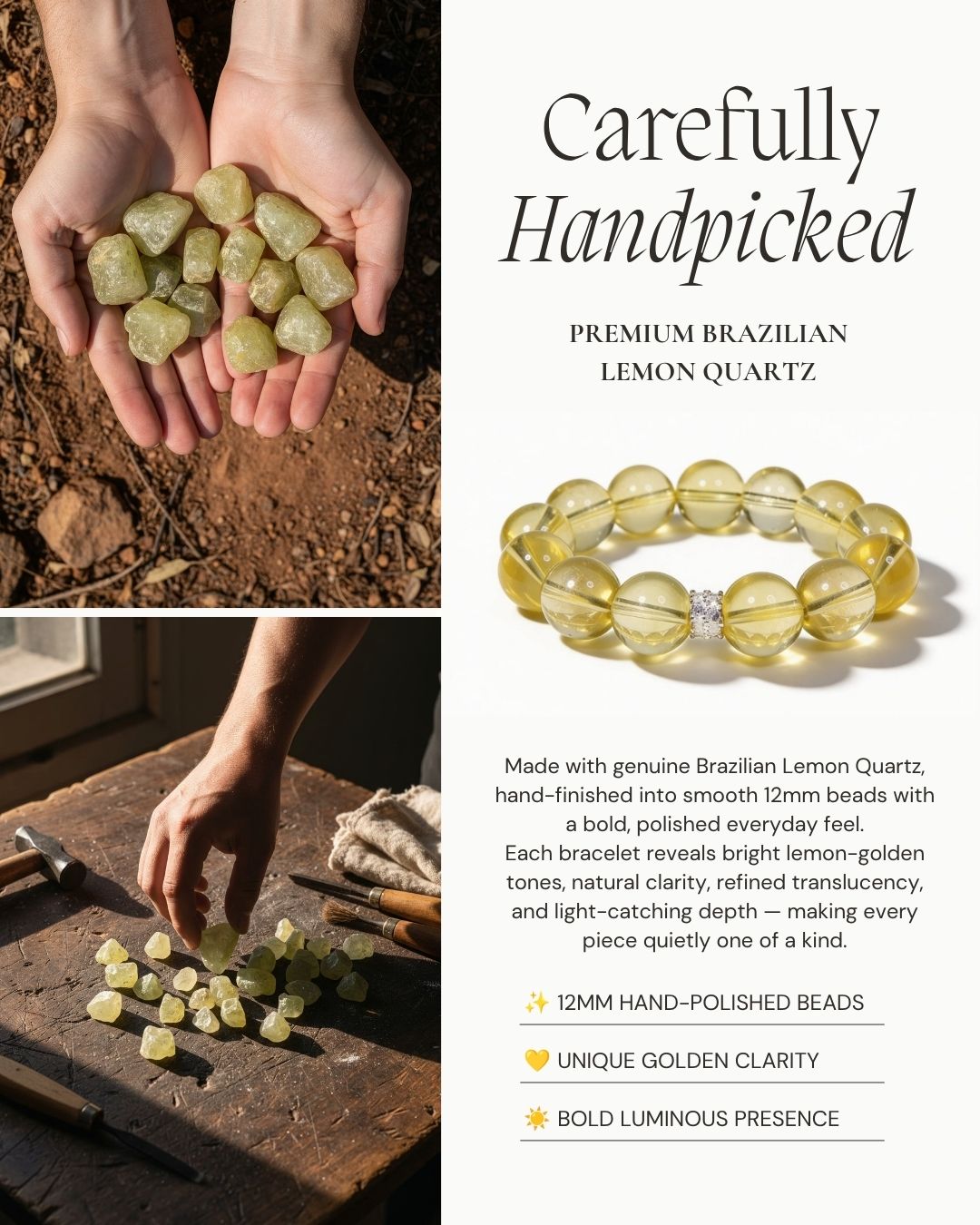 Luminous Lemon Quartz Bracelet made with genuine Brazilian Lemon Quartz, 12mm hand-polished beads, bright lemon-golden tones, natural clarity, refined translucency, and light-catching depth.