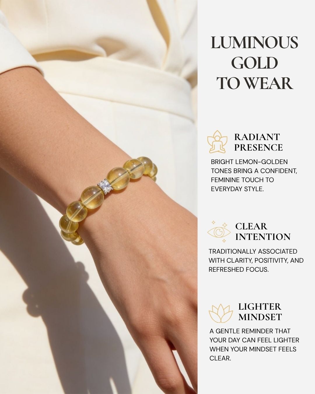 Luminous Lemon Quartz Bracelet worn on the wrist, featuring bright lemon-golden Lemon Quartz beads, natural clarity, polished everyday style, and a reminder of clarity, positivity, refreshed focus, and a lighter mindset.