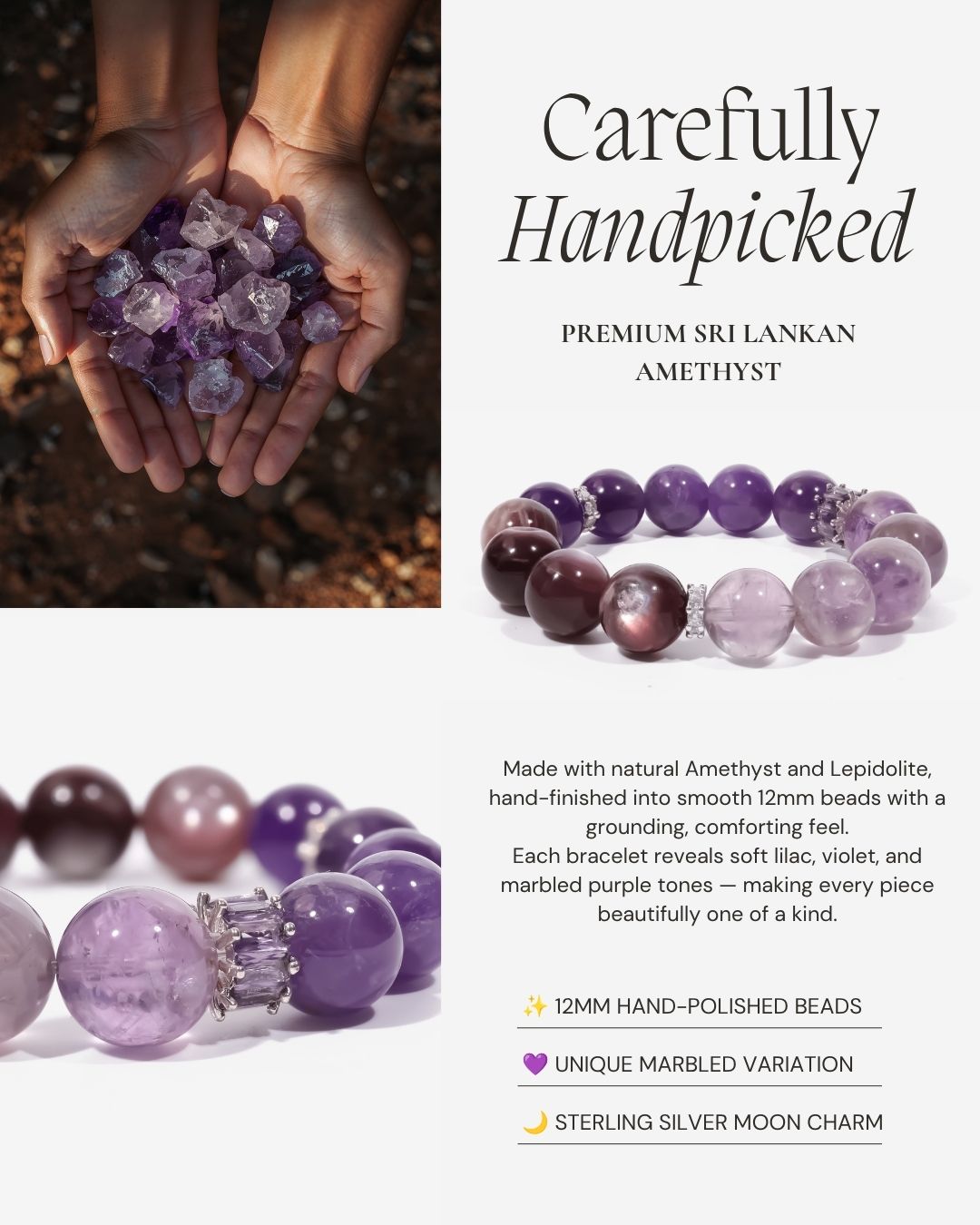 Lunar Grace Amethyst & Lepidolite Bracelet made with natural amethyst and lepidolite, 12mm hand-polished beads, and a sterling silver moon charm.