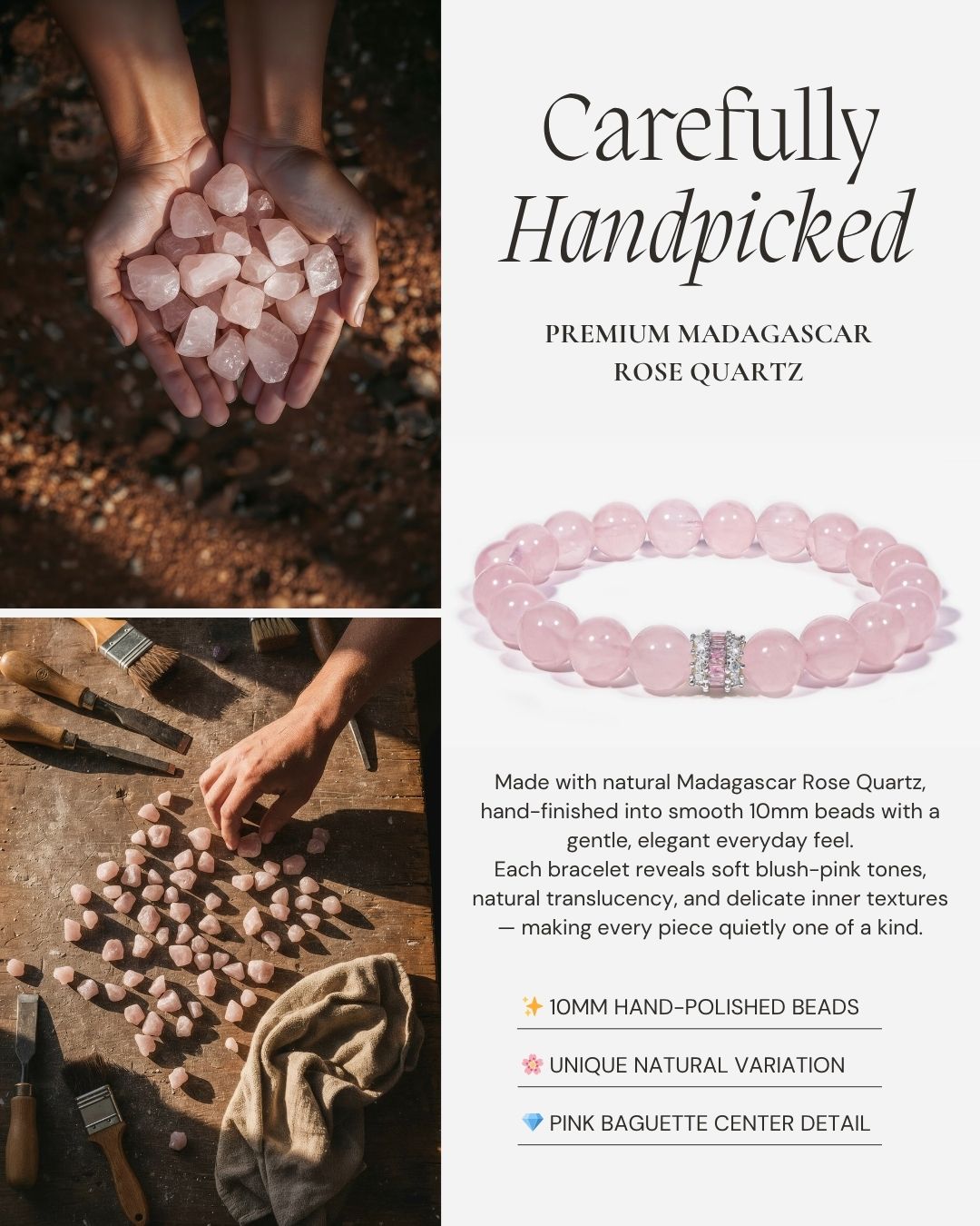 Madagascar Rose Quartz Beaded Bracelet made with natural 10mm rose quartz beads and a pink baguette center detail.