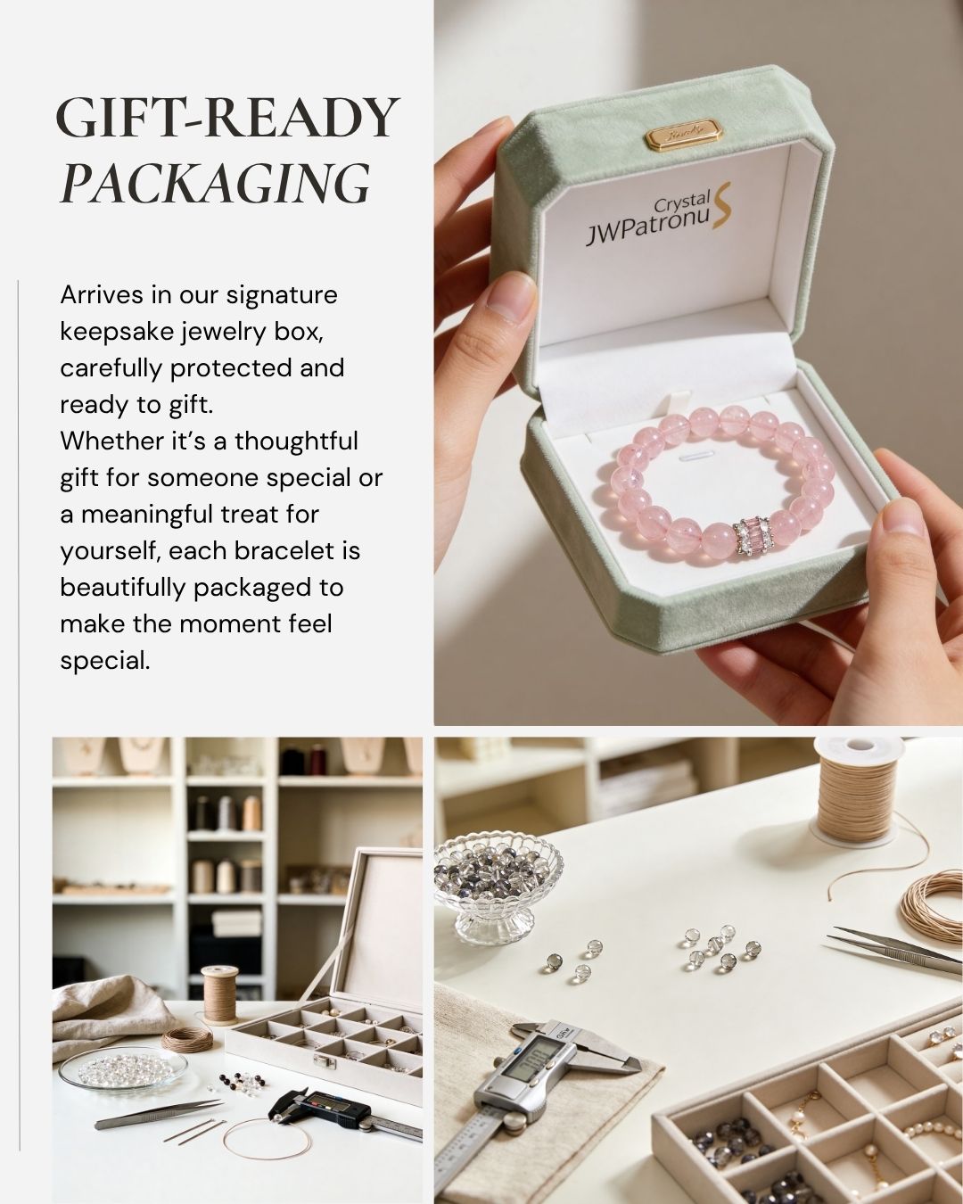 Madagascar Rose Quartz Bracelet presented in a gift-ready keepsake jewelry box for meaningful gifts and self-gifting.