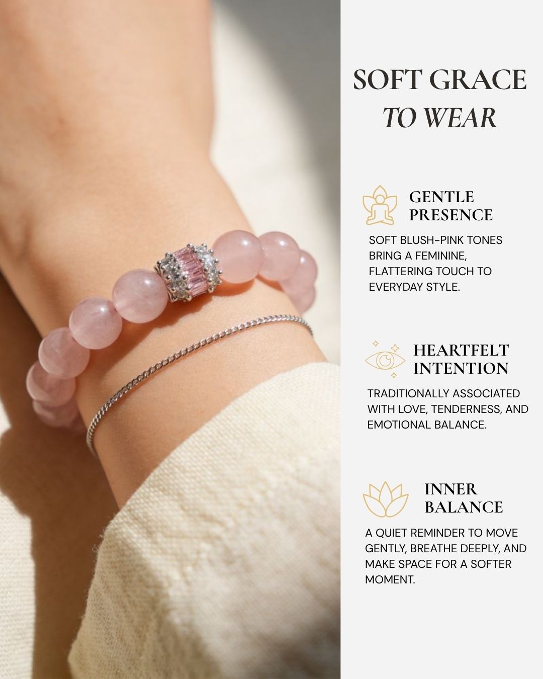 Madagascar Rose Quartz Bracelet worn on the wrist, featuring soft blush-pink beads, feminine everyday style, and gentle emotional balance.