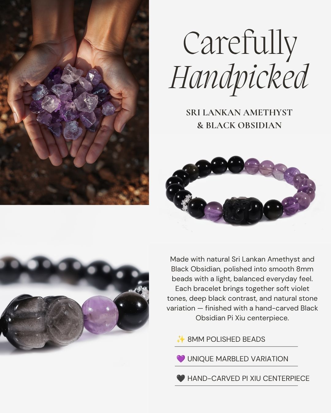 Mystic Amethyst Protection Bracelet made with Sri Lankan amethyst, black obsidian, 8mm polished beads, and a hand-carved Black Obsidian Pi Xiu centerpiece.