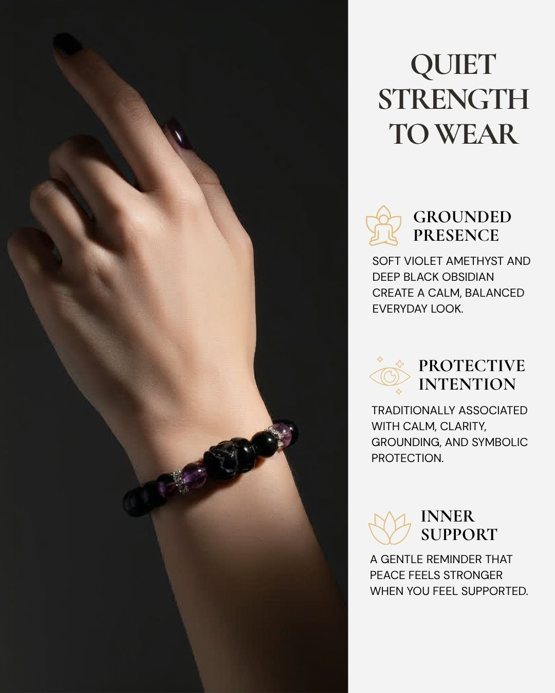 Mystic Amethyst Protection Bracelet worn on the wrist, featuring amethyst and black obsidian beads with a reminder of calm, grounding, and symbolic protection.