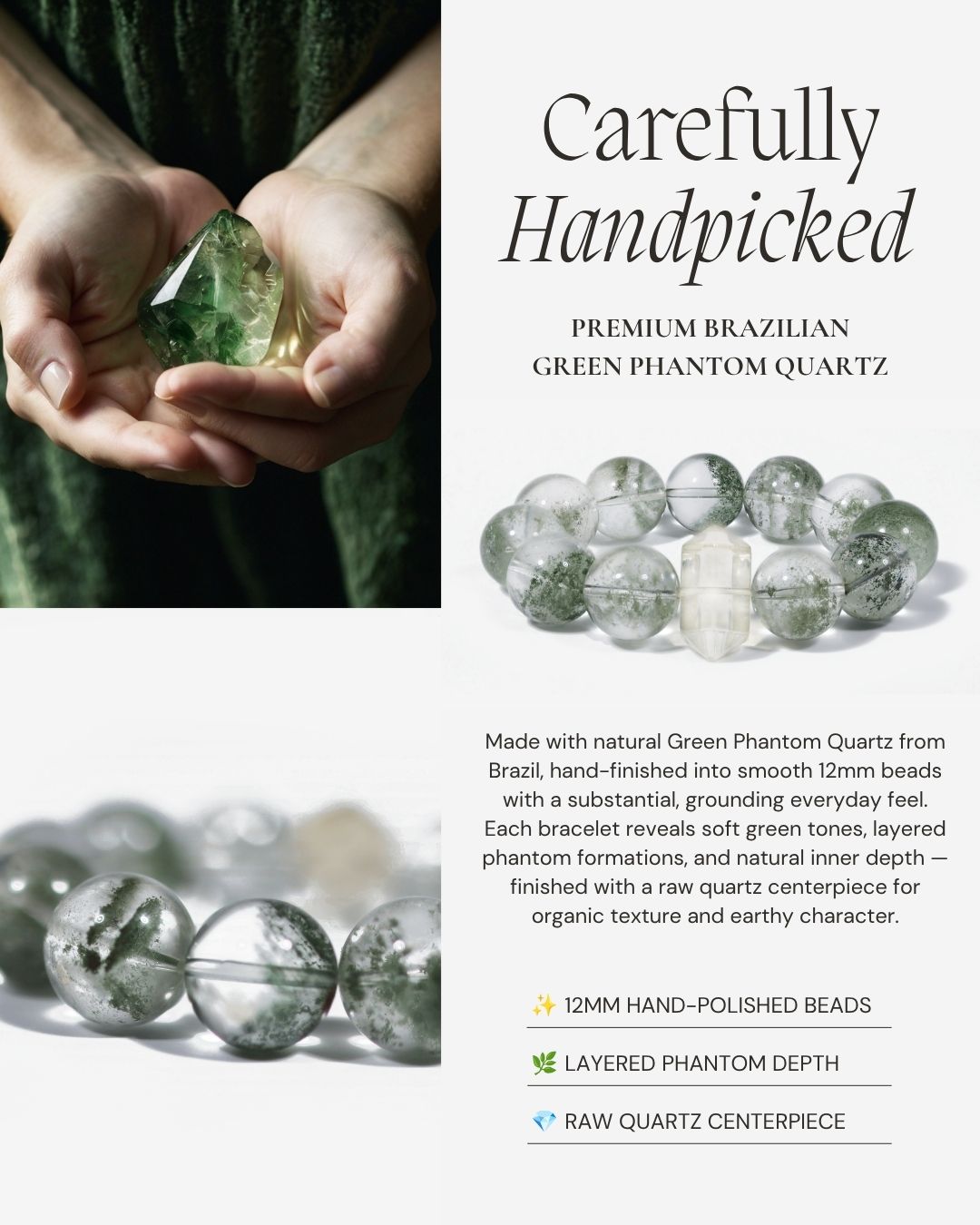 Mystic Forest Green Phantom Quartz Bracelet made with natural Brazilian Green Phantom Quartz, 12mm hand-polished beads, layered phantom formations, soft green tones, and a natural raw quartz centerpiece.