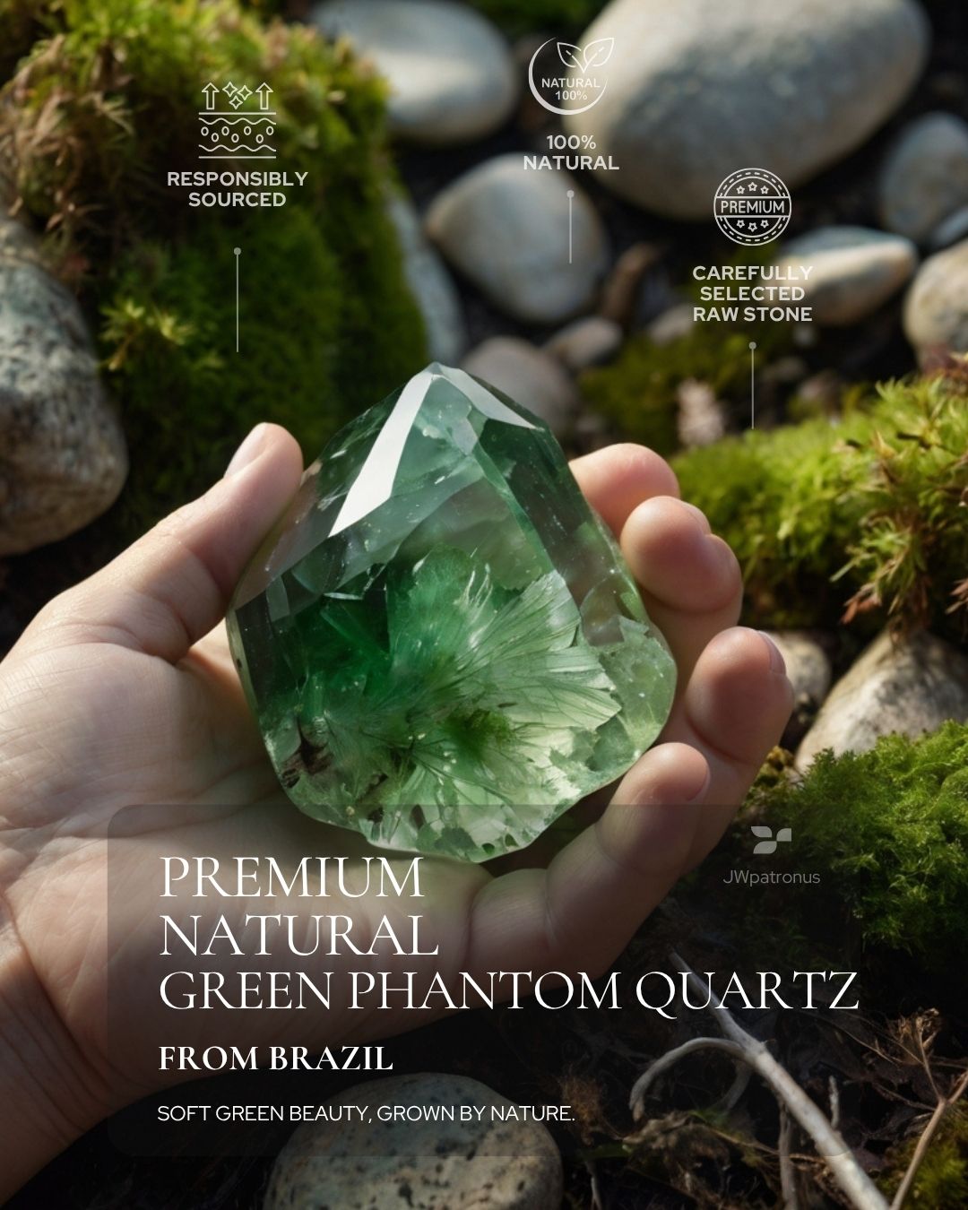 Natural Green Phantom Quartz raw stone from Brazil showing soft green tones, layered phantom formations, natural inner depth, and carefully selected gemstone quality for Mystic Forest Green Phantom Quartz Bracelet.
