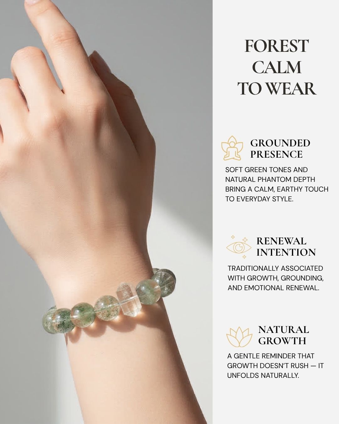 Mystic Forest Green Phantom Quartz Bracelet worn on the wrist, featuring soft green Green Phantom Quartz beads, layered phantom depth, a raw quartz centerpiece, and a reminder of growth, grounding, emotional renewal, and natural calm.