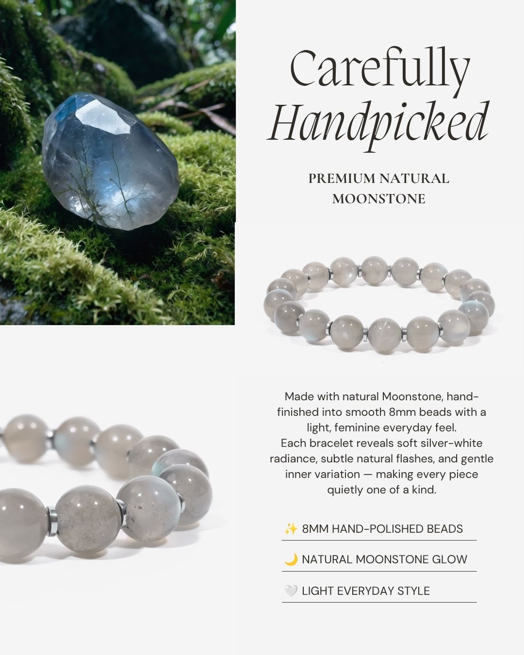Mystic Moonstone Bracelet with natural 8mm silver-white moonstone beads by JWPatronus.