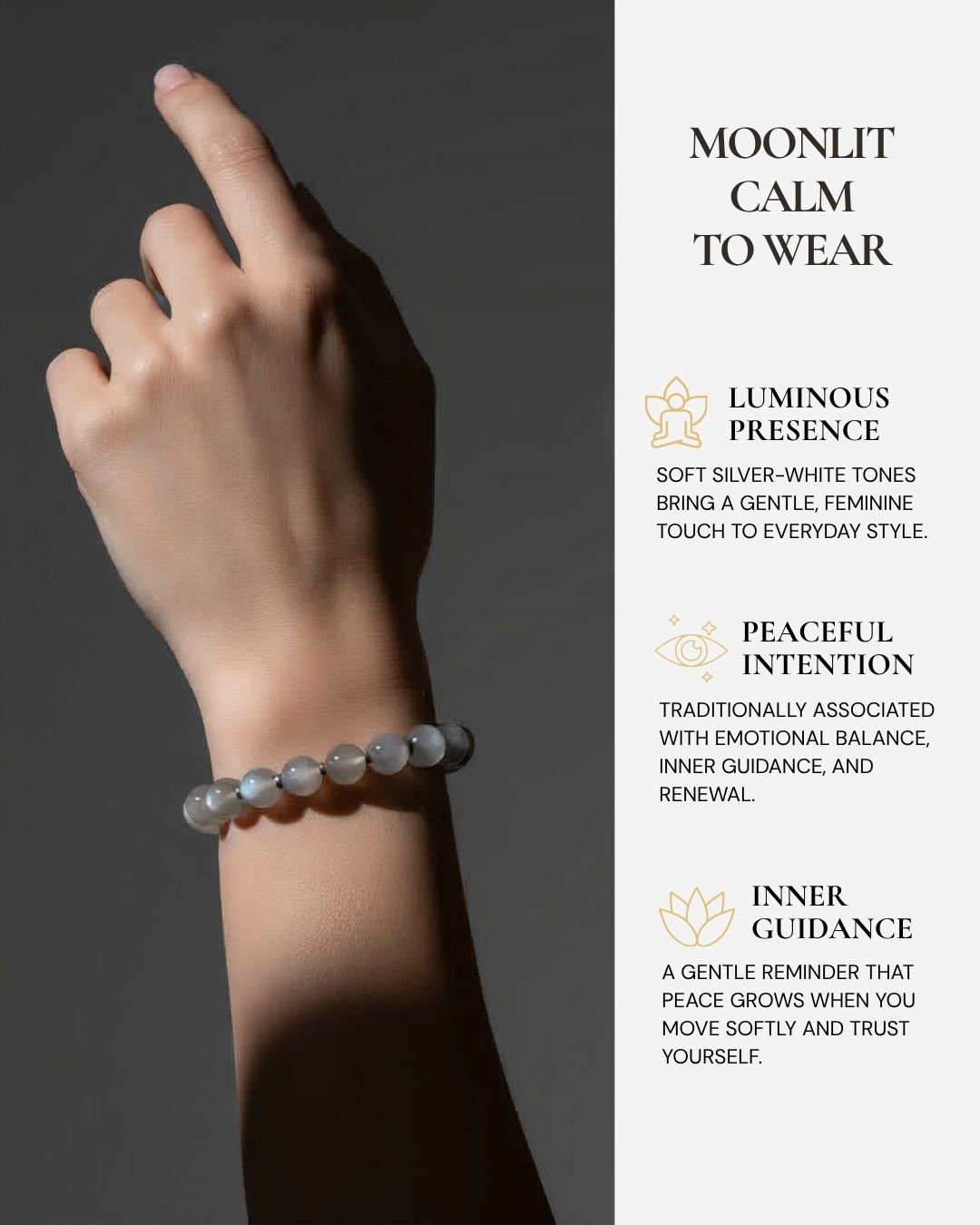 Mystic Moonstone Beaded Bracelet worn on the wrist, featuring soft silver-white Moonstone beads, natural luminous flashes, and a reminder of emotional balance, inner guidance, renewal, and gentle calm.