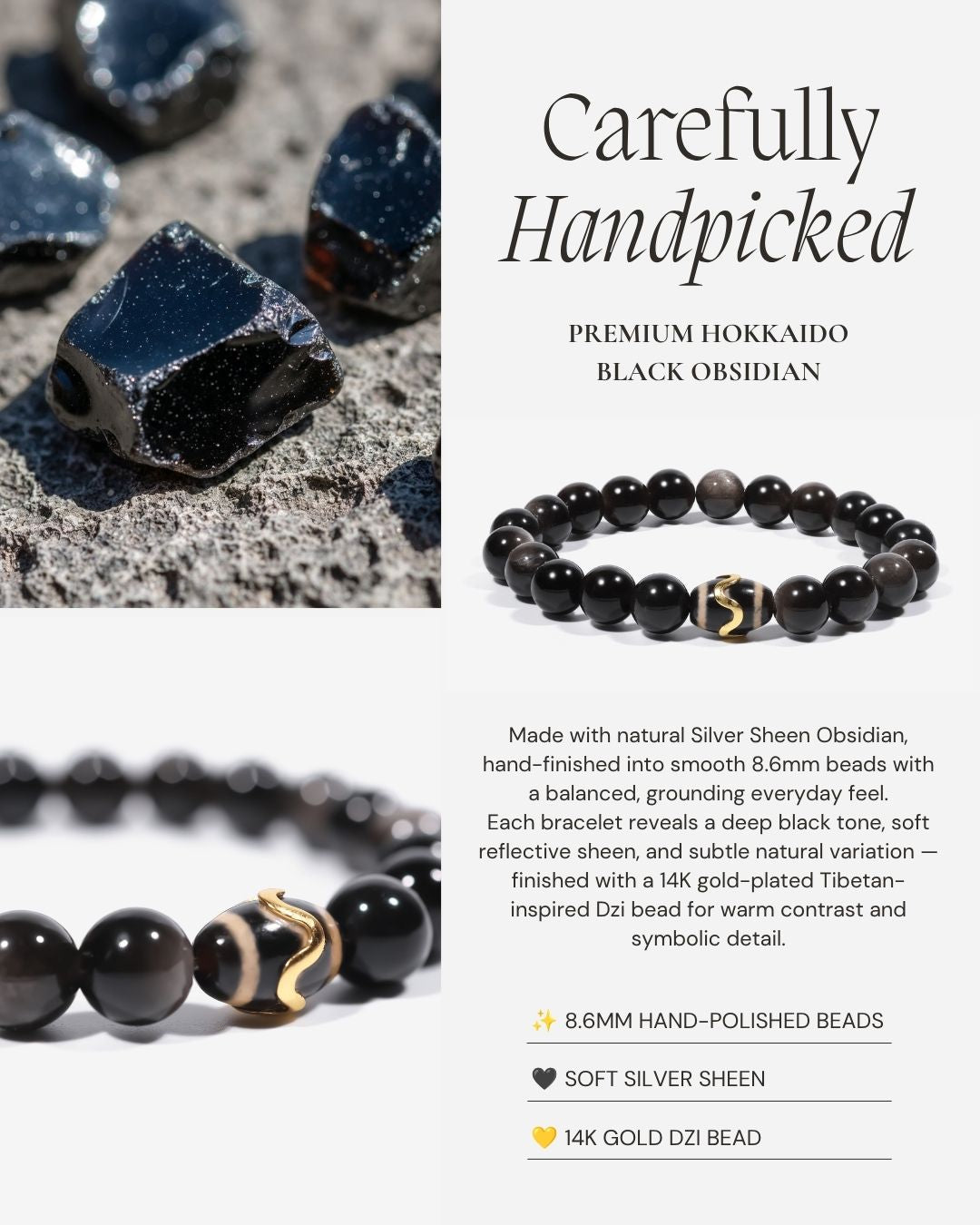 Mystic Shield Obsidian Bracelet made with natural Silver Sheen Obsidian, 8.6mm hand-polished beads, a soft reflective sheen, and a 14K gold-plated Tibetan-inspired Dzi bead.