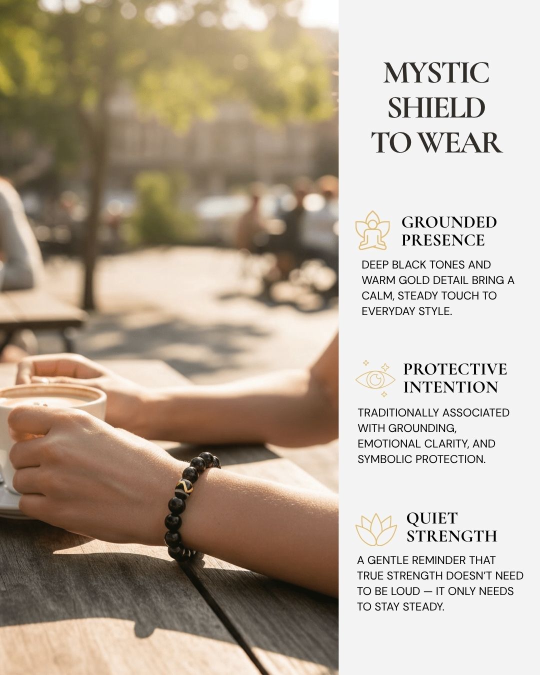 Mystic Shield Obsidian Bracelet worn on the wrist, featuring deep black Silver Sheen Obsidian beads, a 14K gold-plated Dzi bead, and a reminder of grounding, emotional clarity, symbolic protection, and quiet strength.