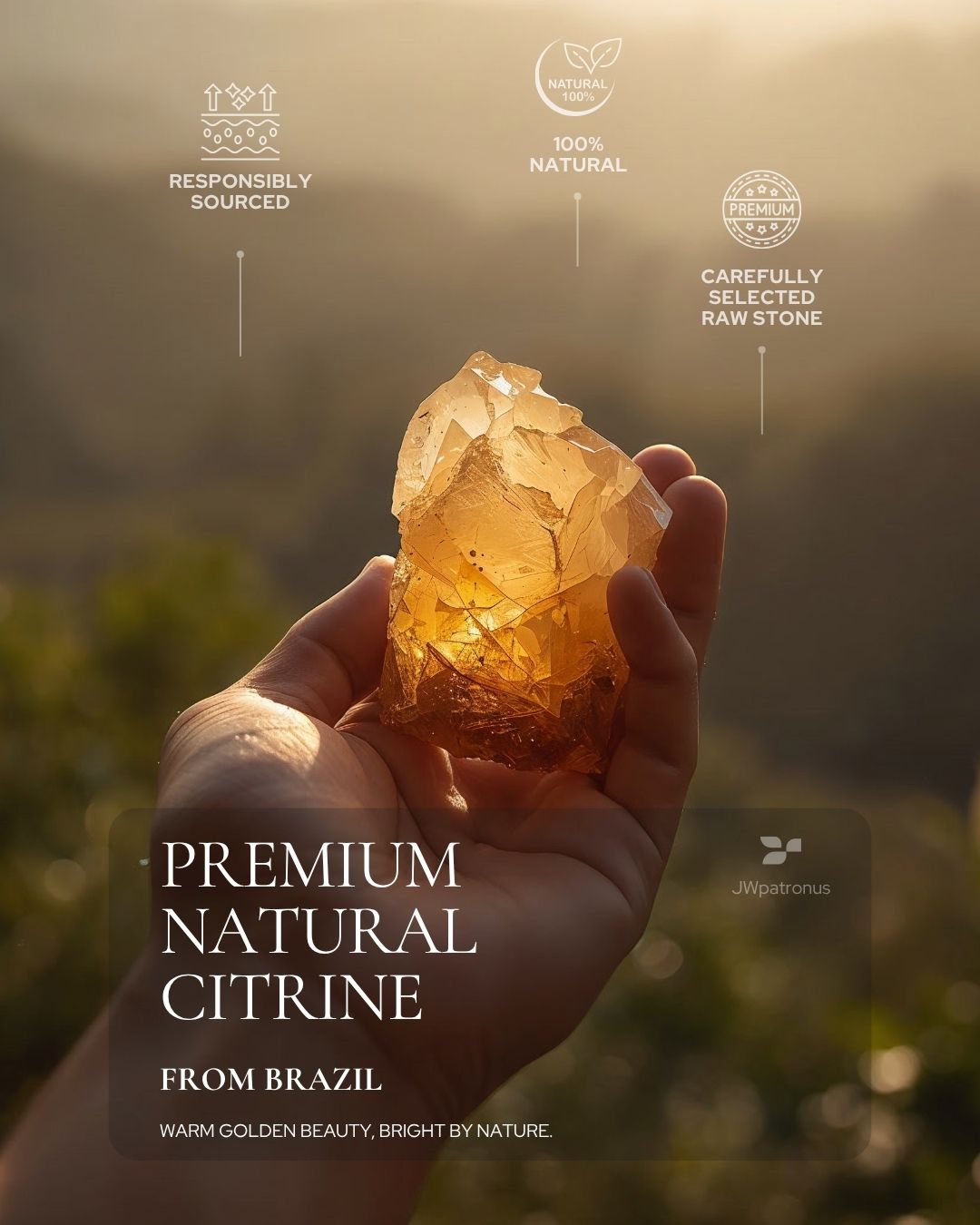 Natural Brazilian citrine raw stone showing warm golden color, natural translucency, and carefully selected gemstone quality.