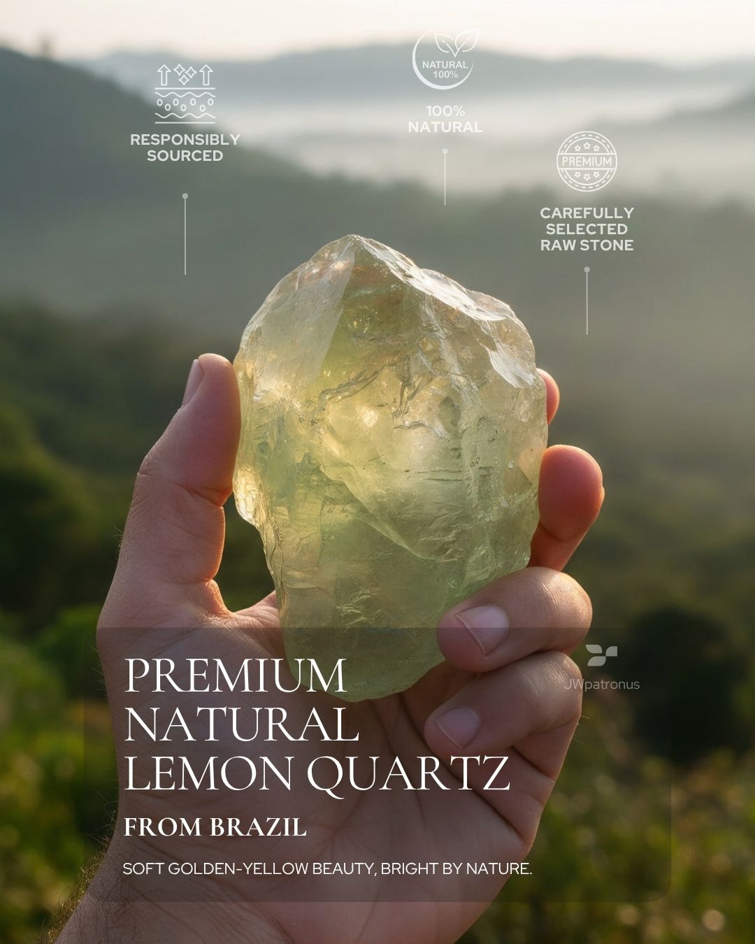 Natural Lemon Quartz raw stone from Brazil showing soft golden-yellow color, natural clarity, and carefully selected gemstone quality for JWPatronus lemon quartz bracelets.