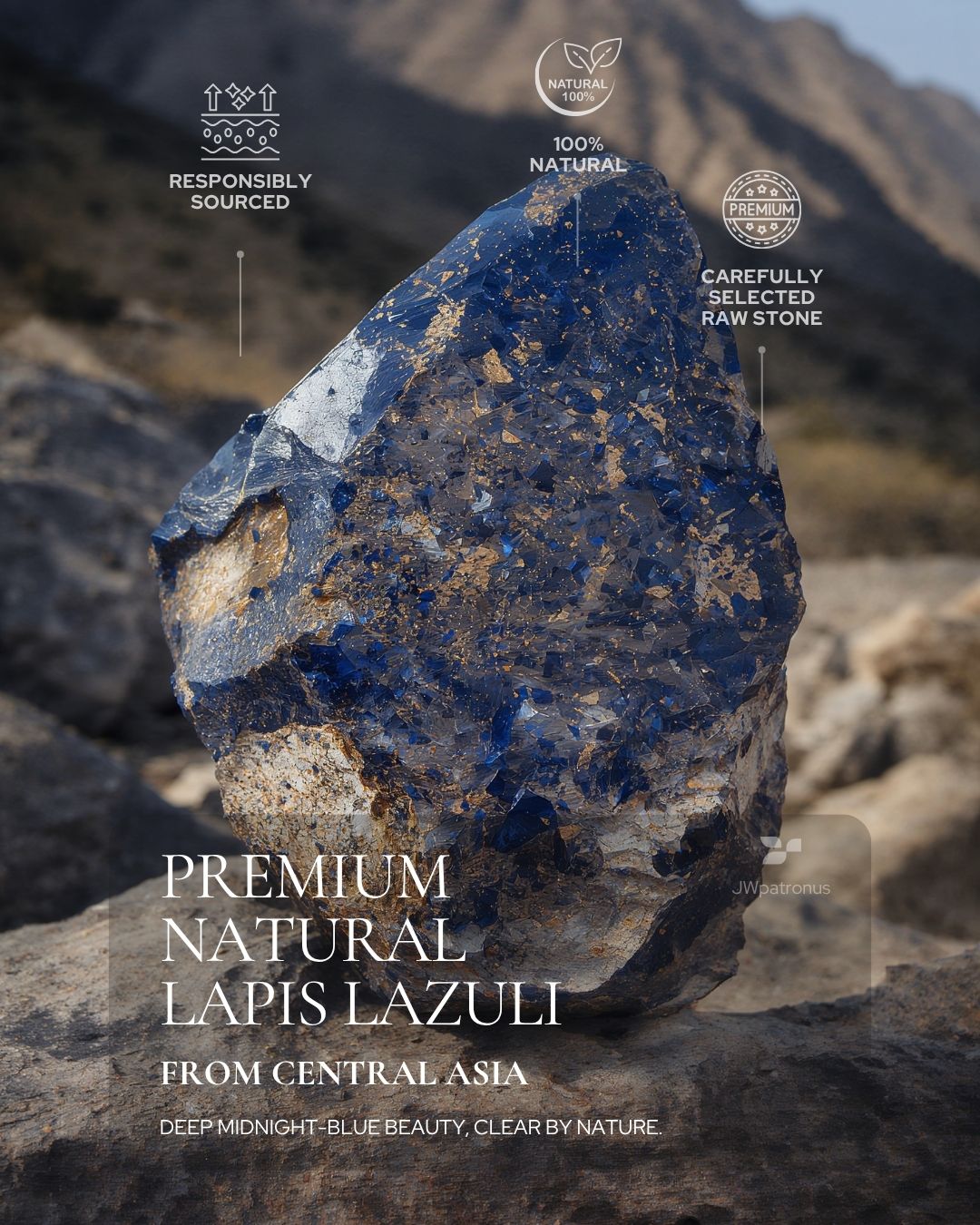 Natural Lapis Lazuli raw stone from Central Asia showing deep midnight-blue color, natural pyrite flecks, and carefully selected gemstone quality for JWPatronus lapis lazuli bracelets.