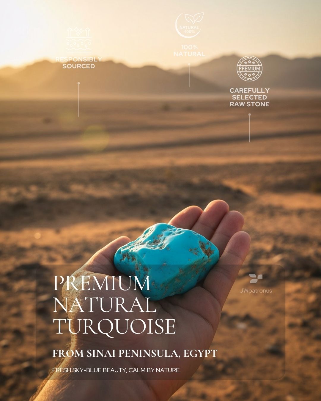 Natural turquoise raw stone from the Sinai Peninsula, Egypt, showing fresh sky-blue color, matrix detail, and carefully selected gemstone quality.