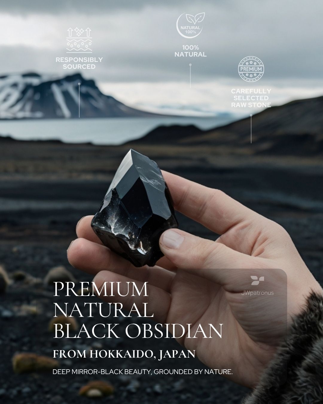 Natural Black Obsidian raw stone from Hokkaido, Japan, showing deep mirror-black color, subtle natural character, and carefully selected gemstone quality for JWPatronus obsidian bracelets.