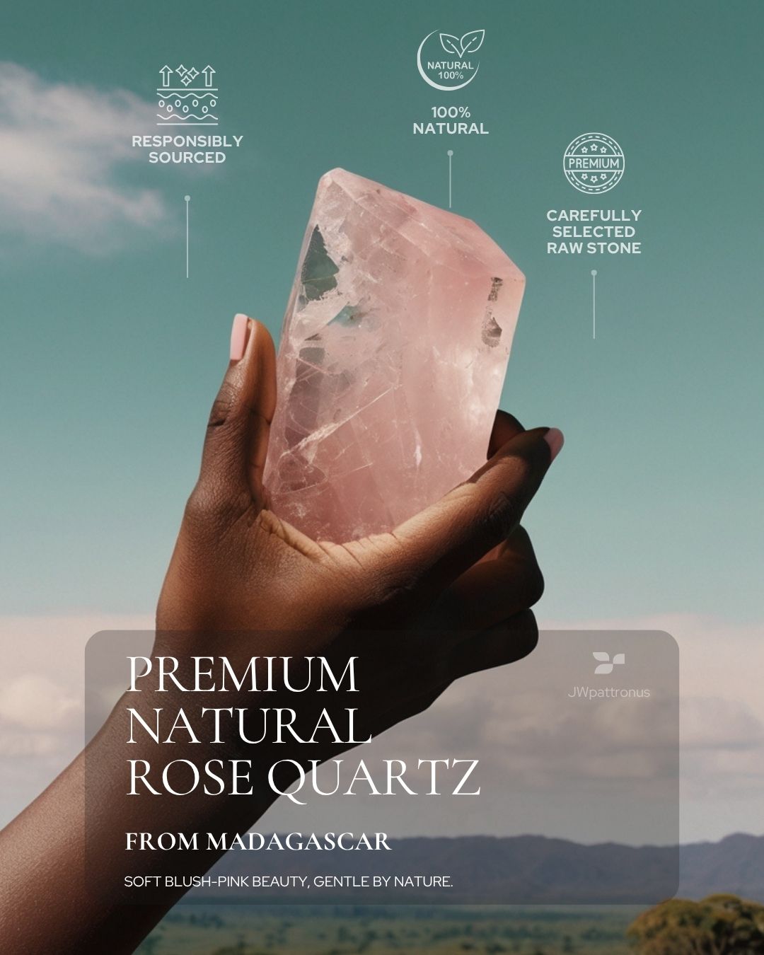 Natural Madagascar rose quartz raw stone showing soft blush-pink color, natural translucency, and carefully selected gemstone quality.