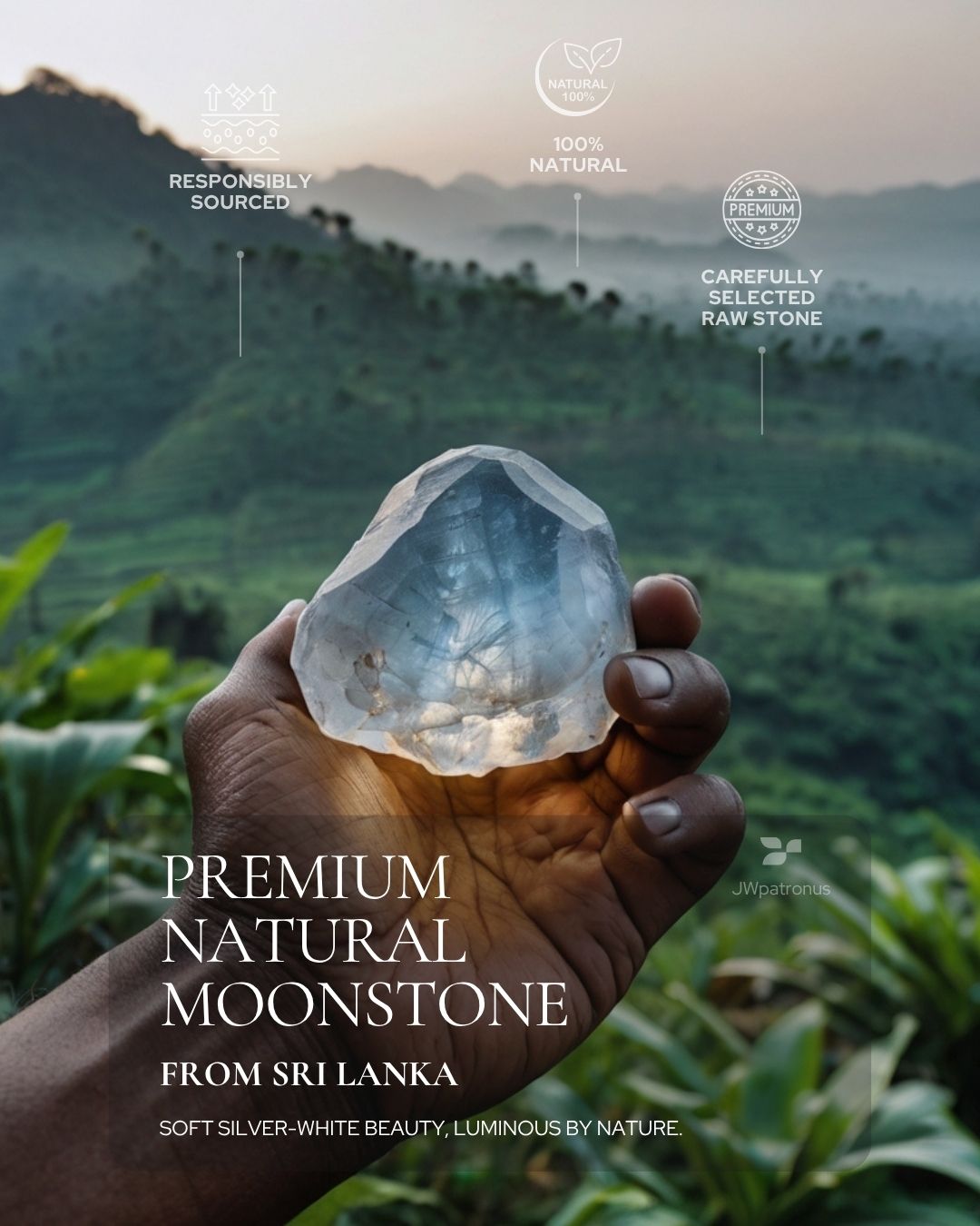 Natural Moonstone raw stone showing soft silver-white radiance, subtle natural flashes, gentle inner variation, and carefully selected gemstone quality for JWPatronus moonstone bracelets.
