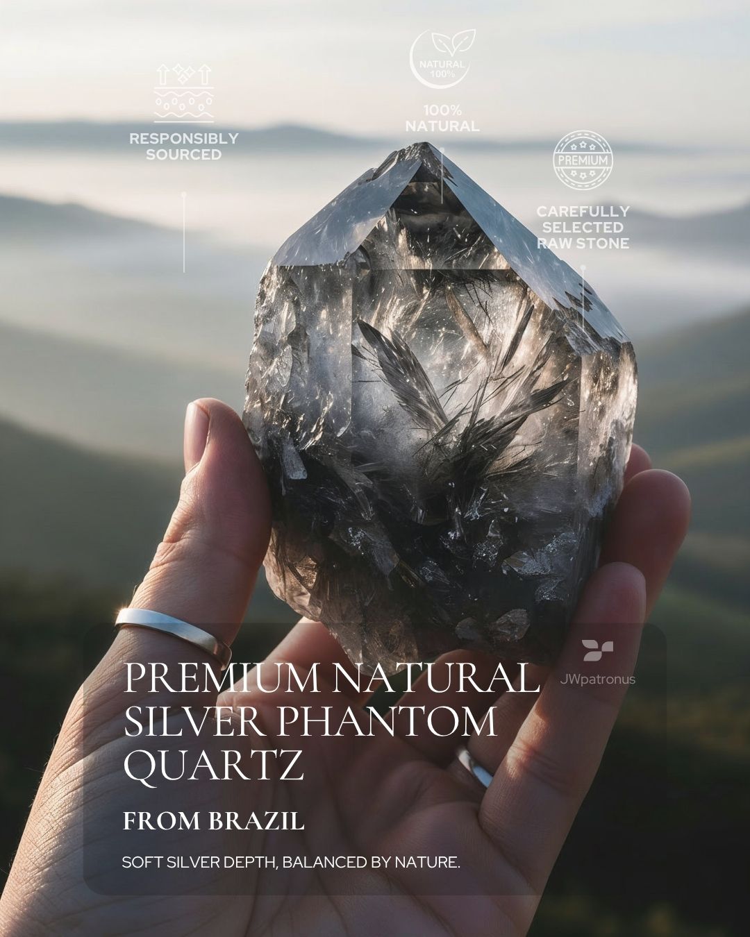 Natural Silver Phantom Quartz raw stone showing soft silver, black, and white inclusions, natural inner depth, and carefully selected gemstone quality for JWPatronus silver quartz bracelets.